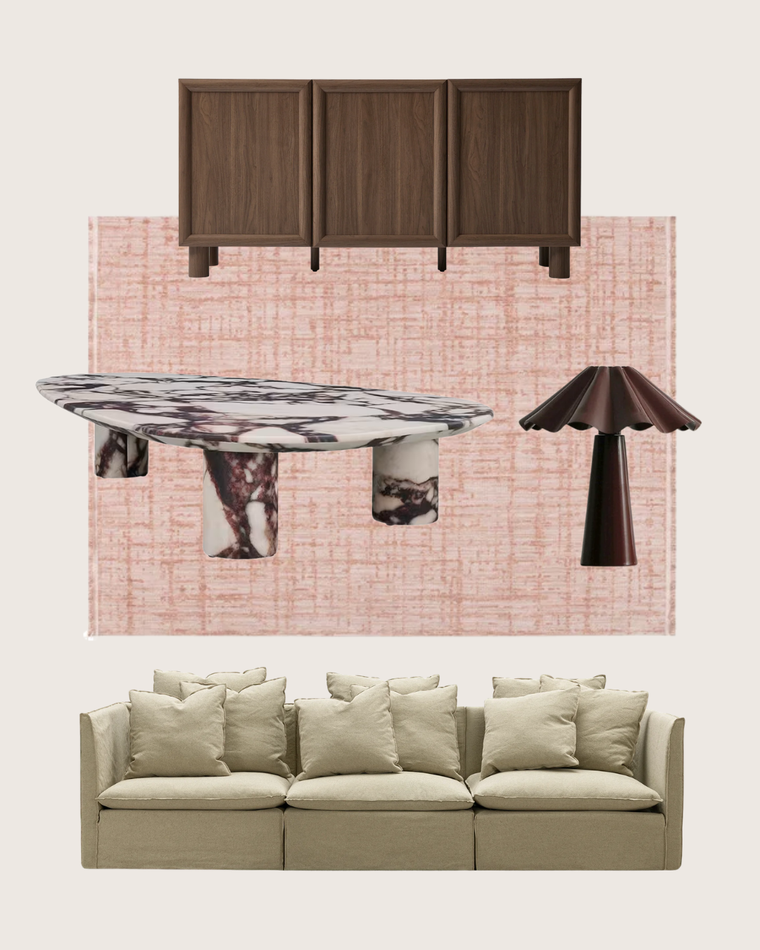 Living room moodboard featuring MCM House Jojo modular sofa, James Lane marble coffee table and Cooper & Co walnut buffet.