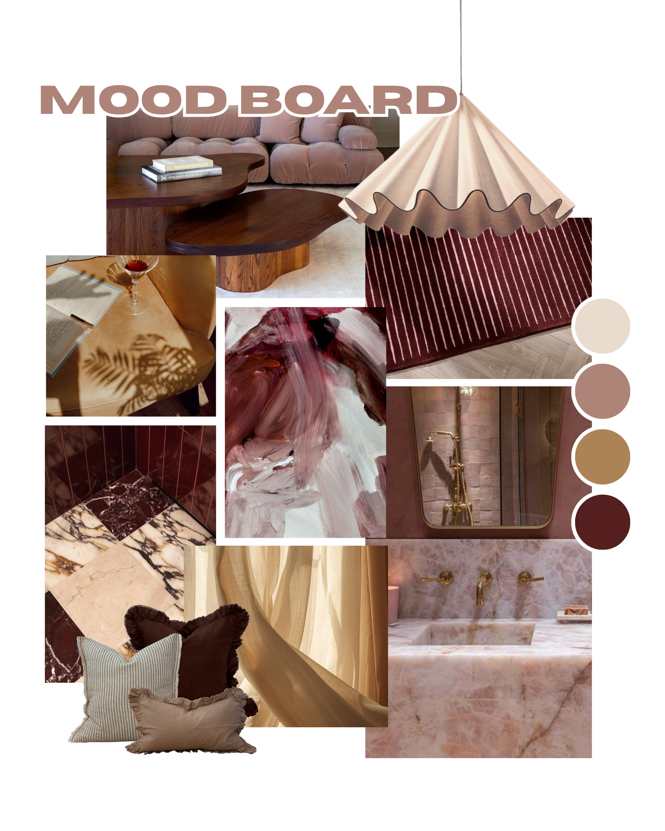 Interior design moodboard with warm pink tones, marble finishes and layered modern textures.