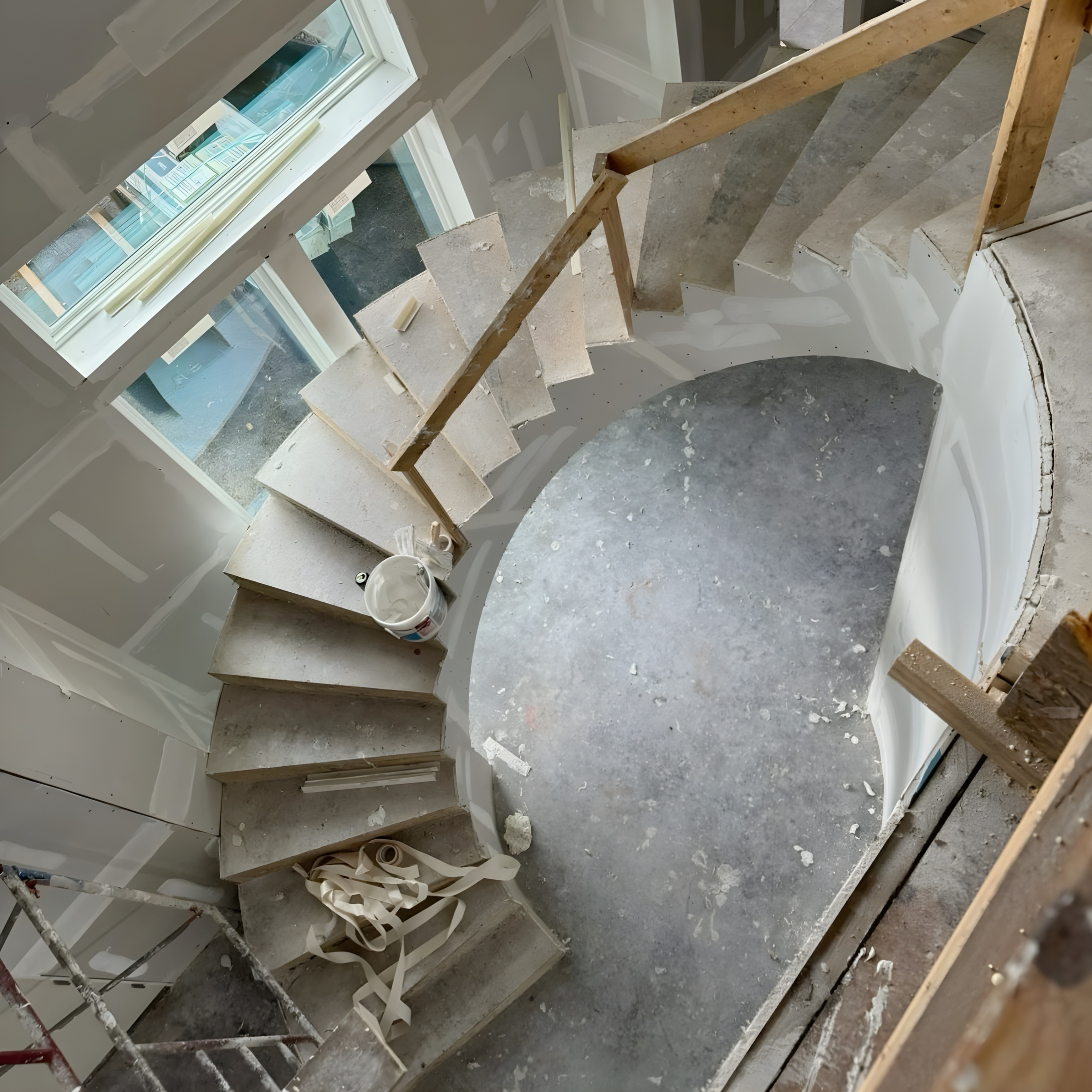 Home renovation in progress with staircase construction, materials and interior build works.
