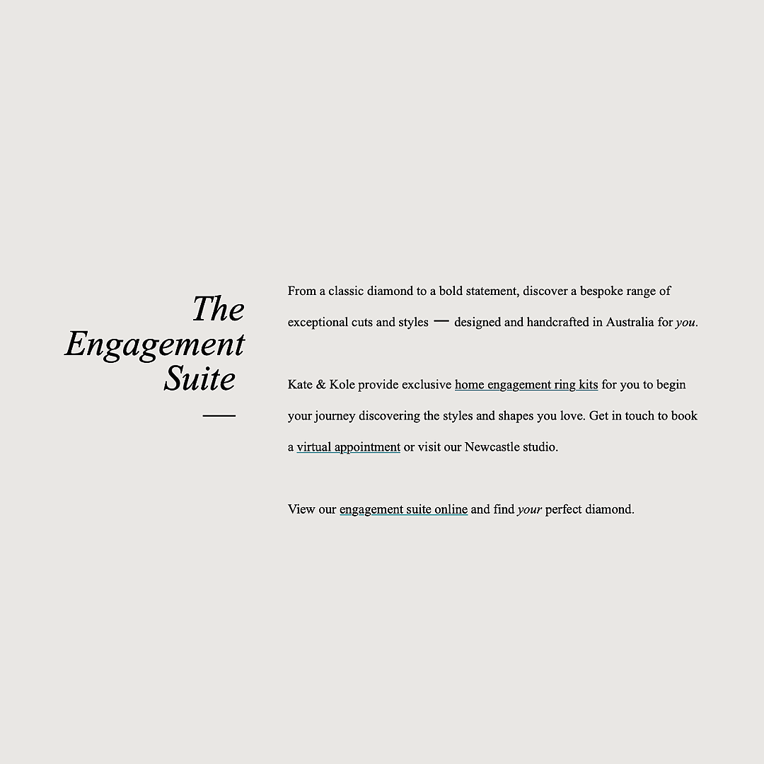 Text about engagement rings and jewelry. Contains phrases like 'The Engagement Suite,' 'home engagement ring kits,' and 'virtual appointment.'
