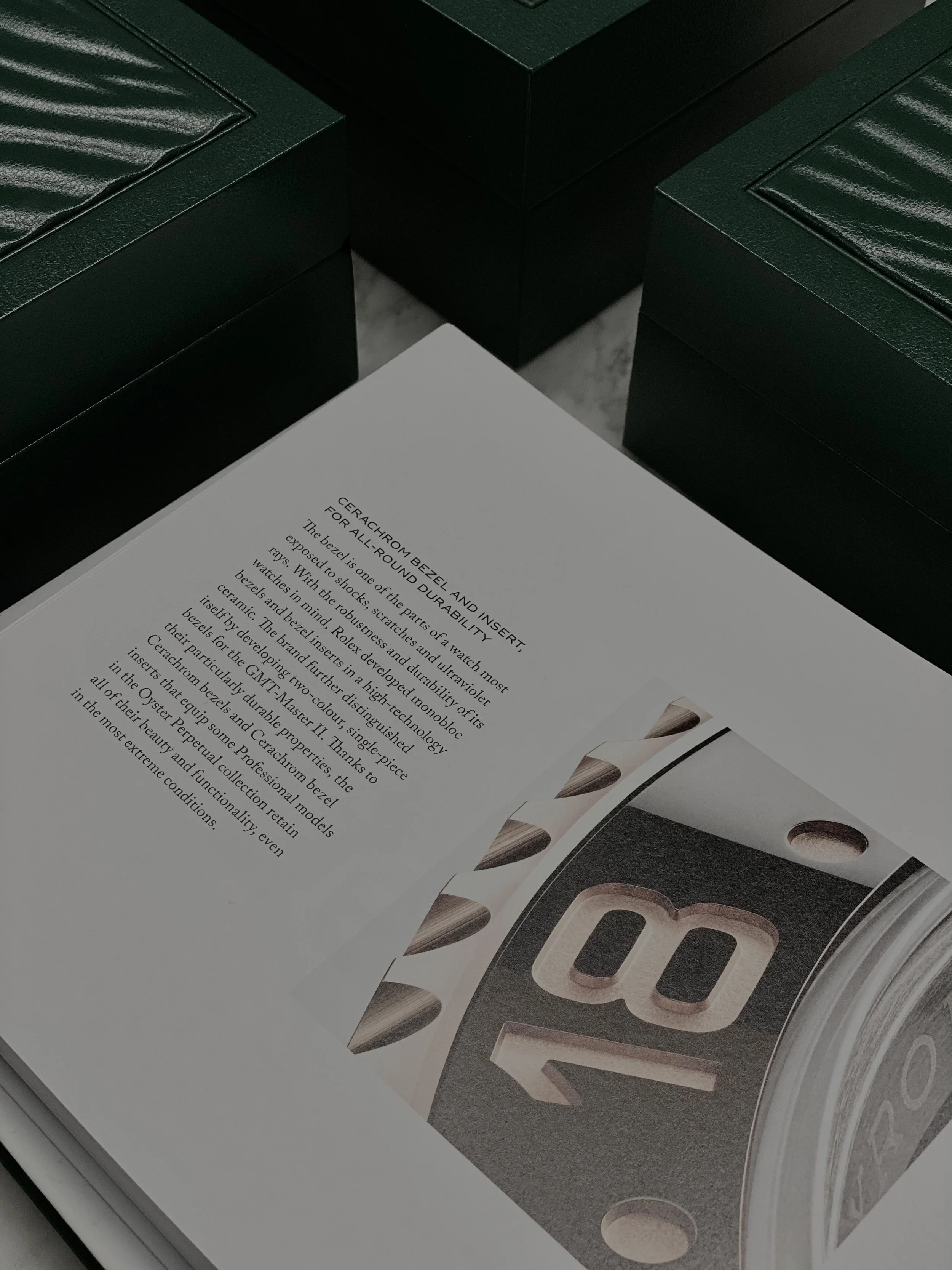 Information sheet about ceramic bezel inlays for watches with text and a partial image of a watch dial.