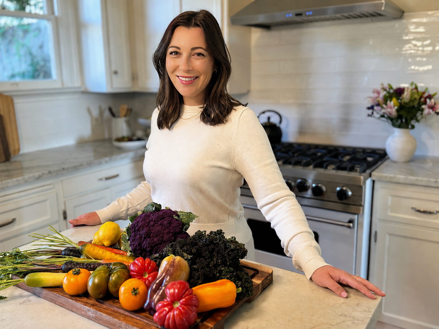 Dr. Ariana Feuvrier in her kitchen with a board of fresh vegetables