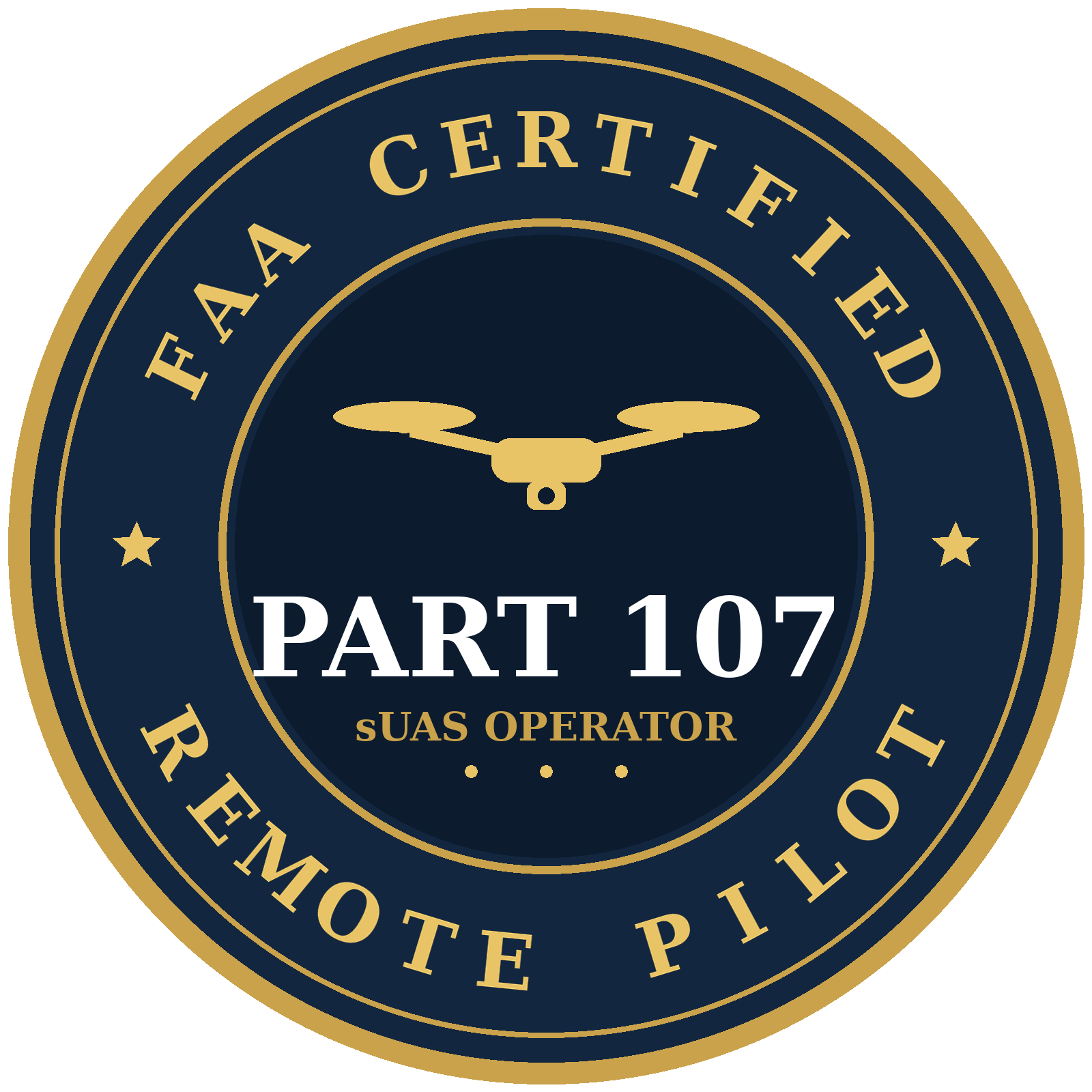 Circular badge with gold and navy blue colors, featuring an airplane icon and text indicating certification for a SUAS operator, part 107.
