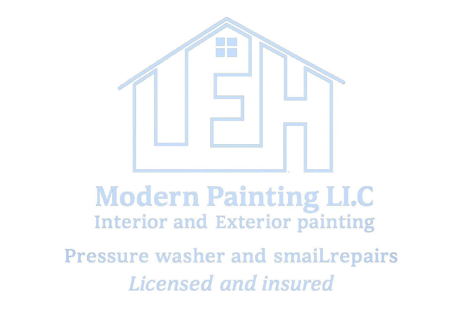 Logo for Modern Painting LLC, featuring a house outline with 'LPH' inside, and text indicating services include interior and exterior painting, pressure washing, small repairs, and that the business is licensed and insured.