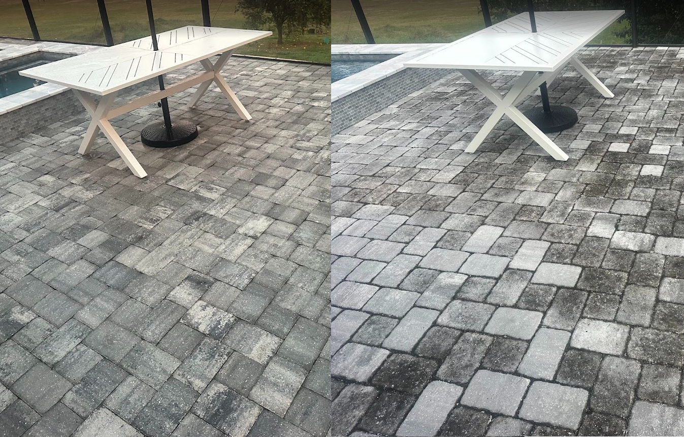 Side-by-side photos of a poolside patio with a white table and black umbrella; the left side shows aged and stained paving stones, while the right side shows cleaner, recently cleaned paving stones.