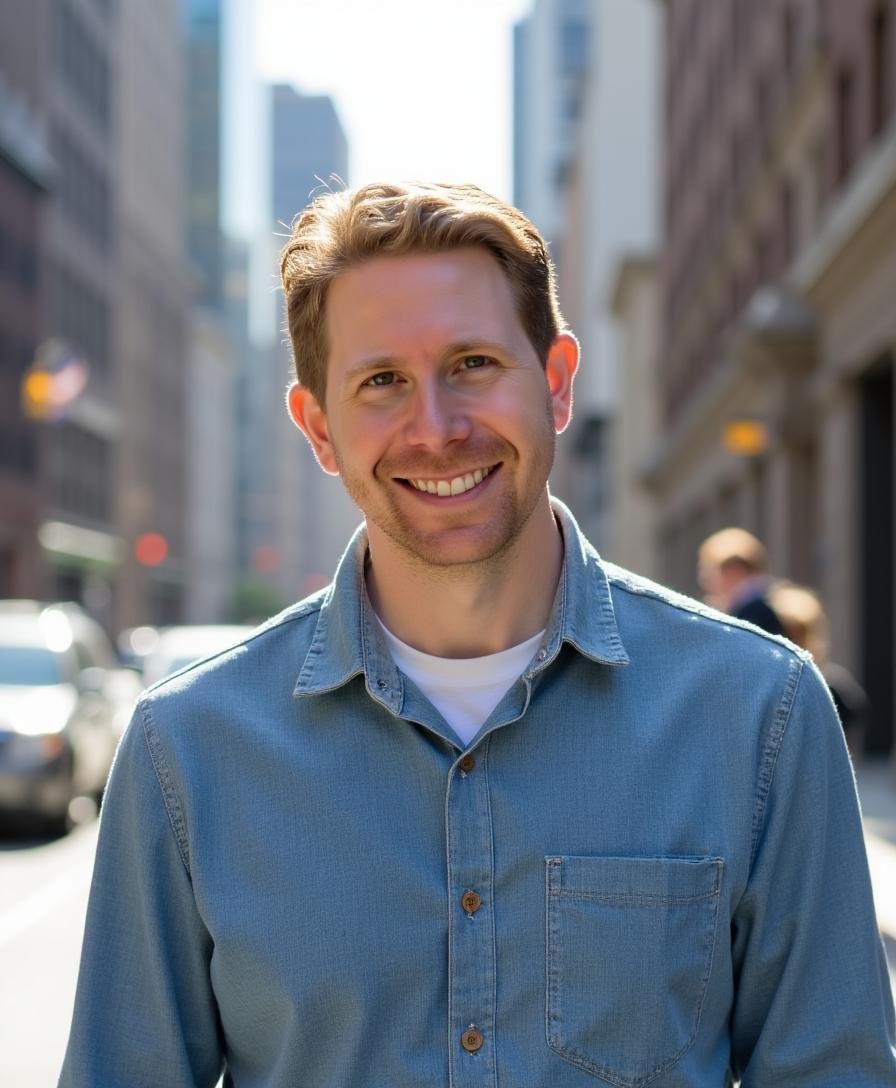 Eric Price, musical theatre lyricist and librettist,  in denim shirt on city street with tall buildings and cars in the background.