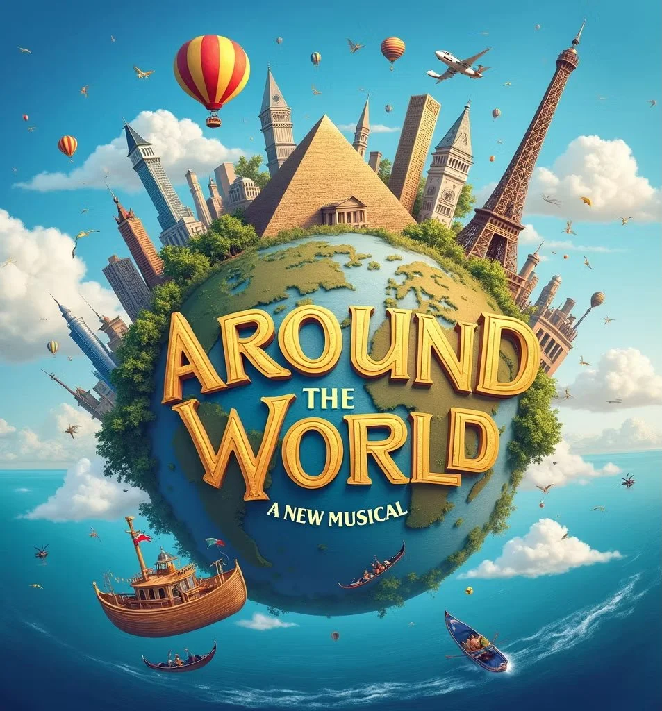 A promotional poster for the musical 'Around the World' featuring a floating globe with famous landmarks like the Eiffel Tower, Big Ben, Pyramid, and others, with hot air balloons, airplanes, and boats in the sky and water.