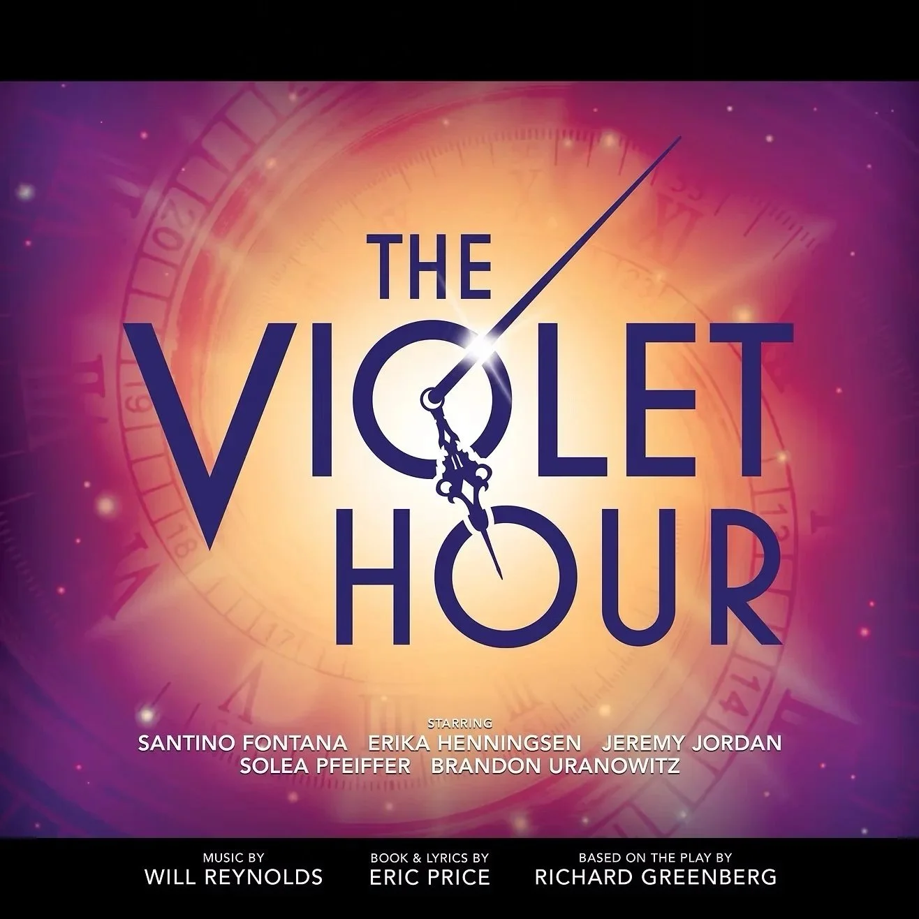 Title card of the play 'The Violet Hour' with background of a clock with its hands pointing to 12 o'clock, purple and orange gradient background, and credits for cast and crew.