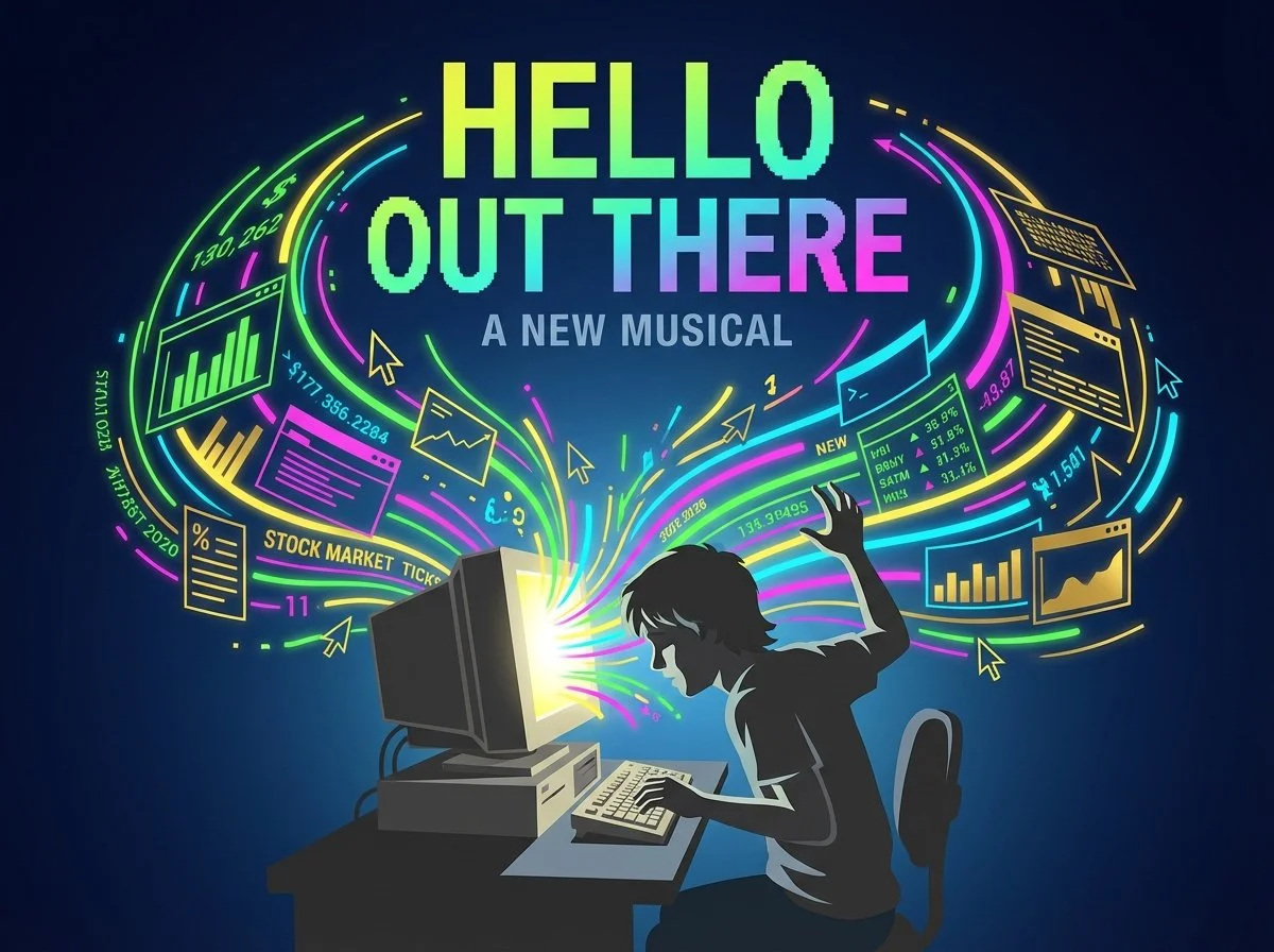 Illustration of a person at a computer with colorful digital graphs and charts emerging from the screen, promoting a new musical titled 'Hello Out There'.