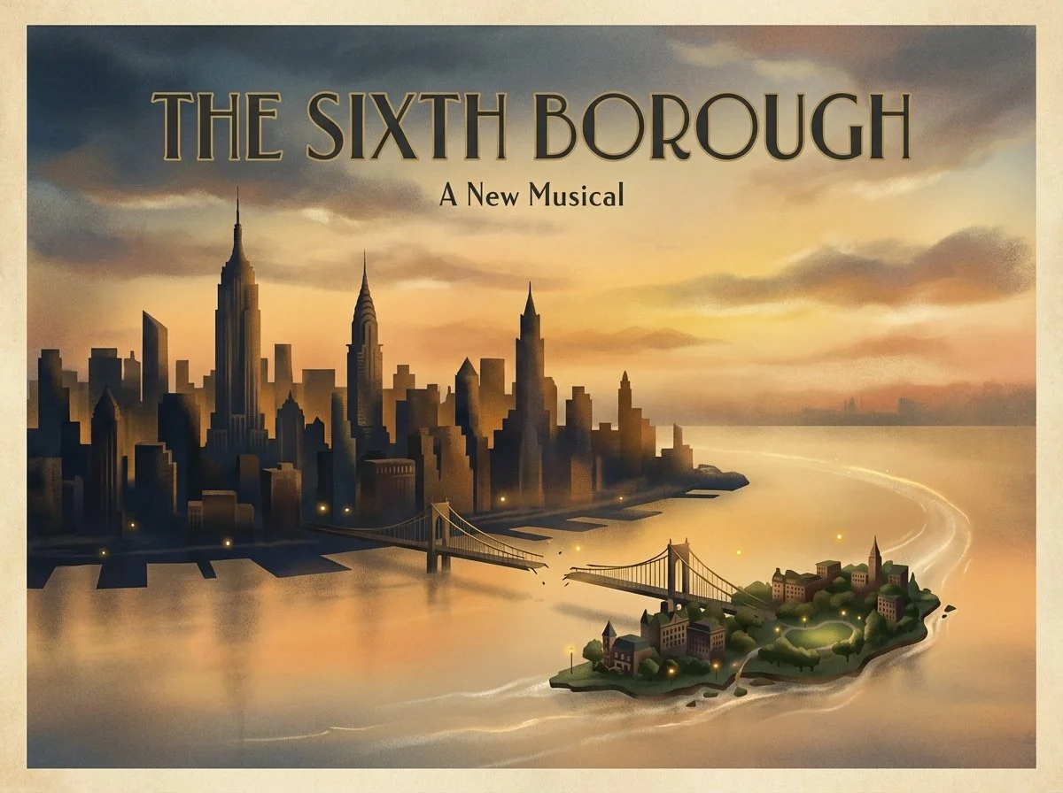 Poster for the musical 'The Sixth Borough' featuring a city skyline at sunset, with a bridge and a small island with buildings.