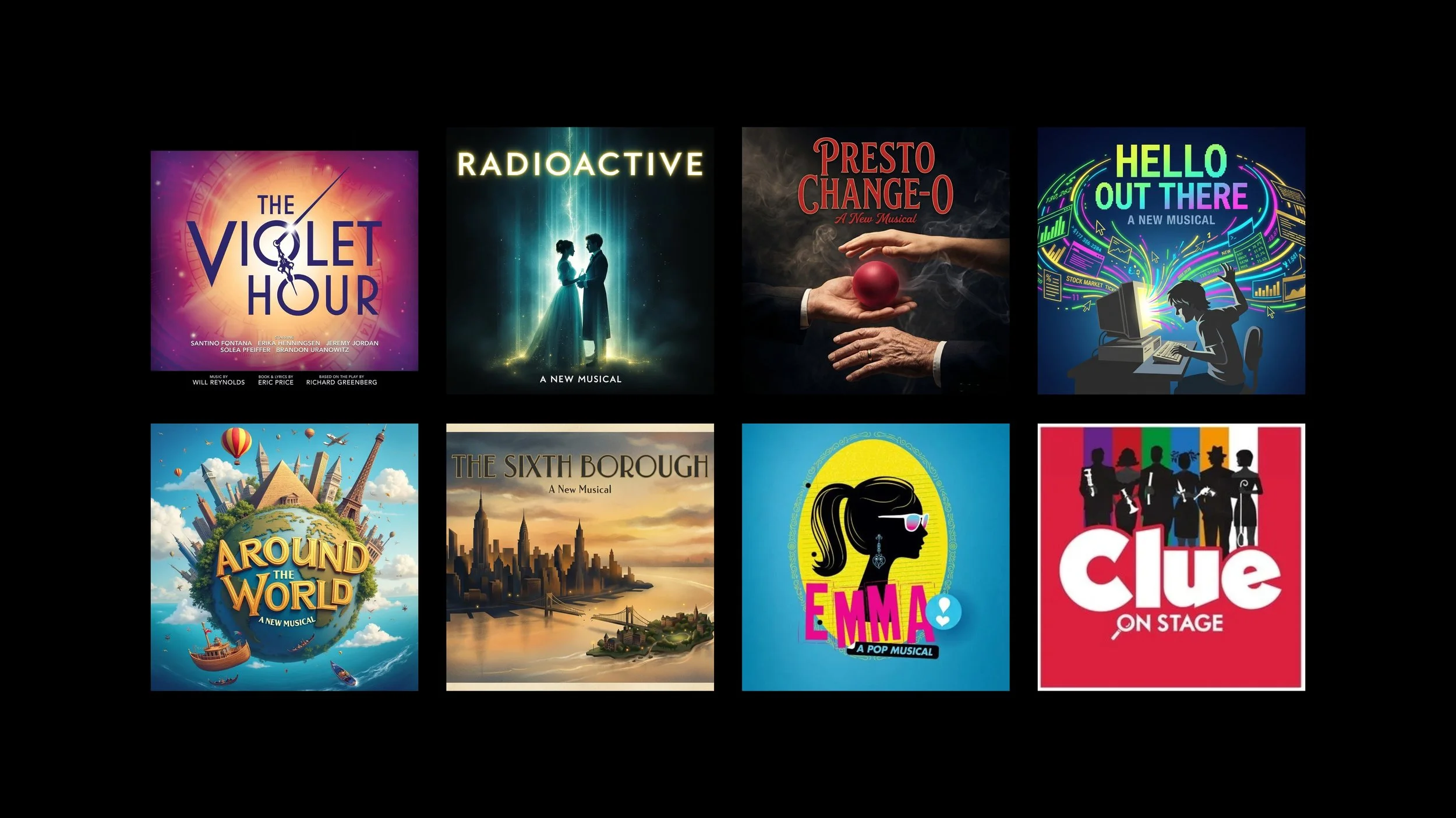 Collection of nine musical and theatrical show posters arranged in a grid, featuring titles and colorful artwork for each production.