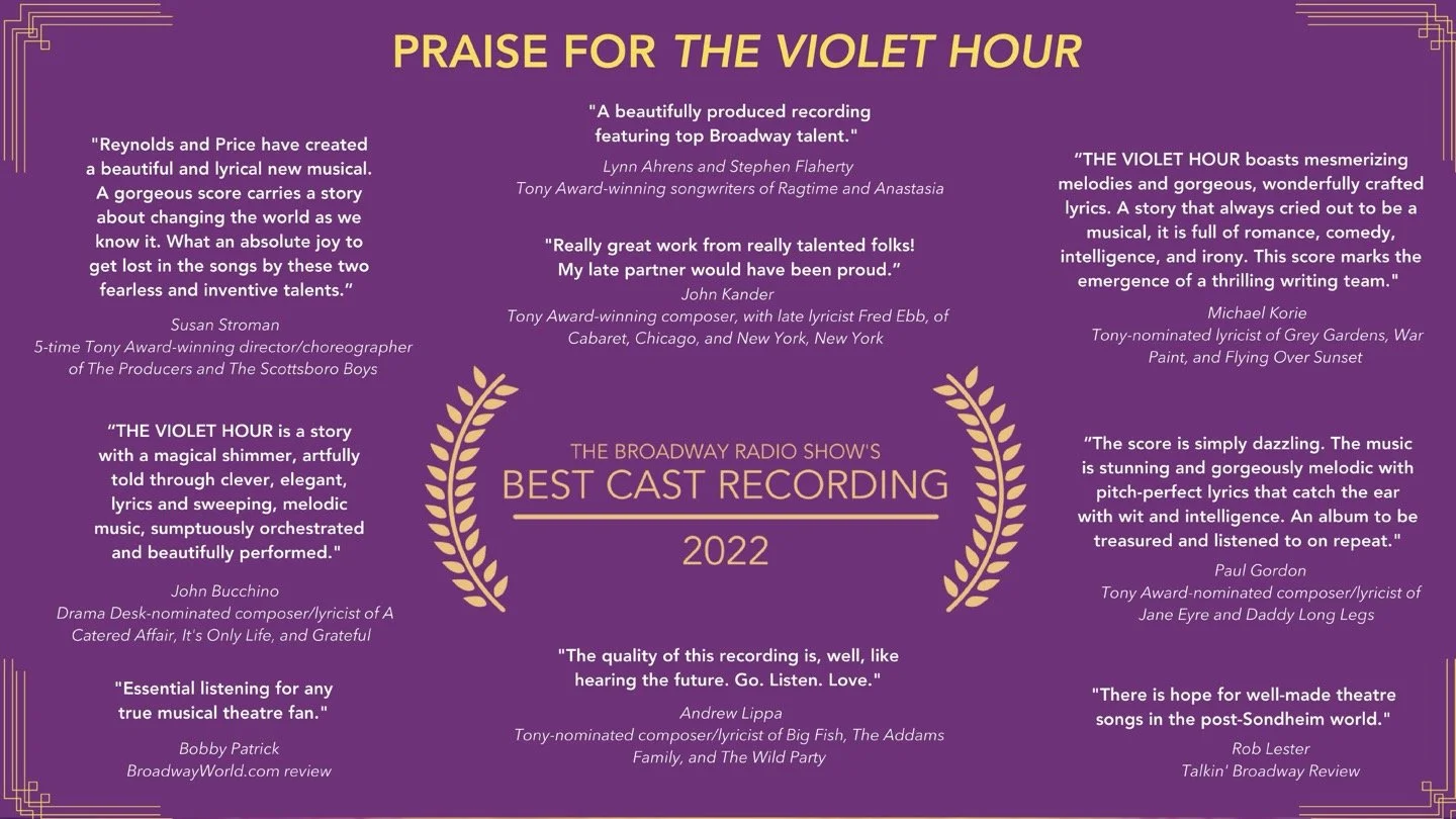 Pink and purple themed graphic titled 'Praise for The Violet Hour' with quotes from critics praising the musical, surrounded by decorative gold leaf designs and corner accents.