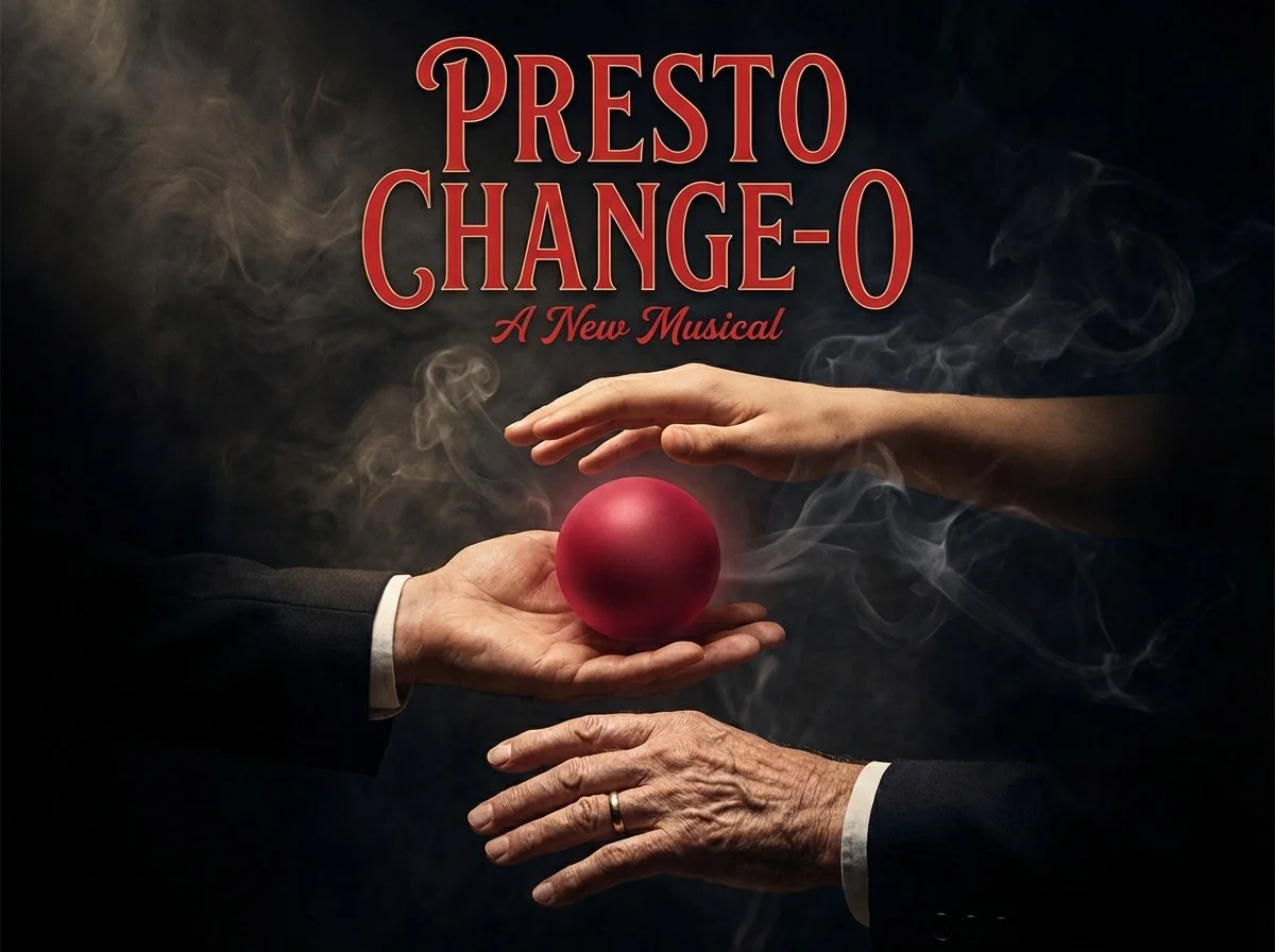 Poster for the musical 'Presto Change-O' featuring two hands, one older and one younger, exchanging a red ball with smoke or mist surrounding them.