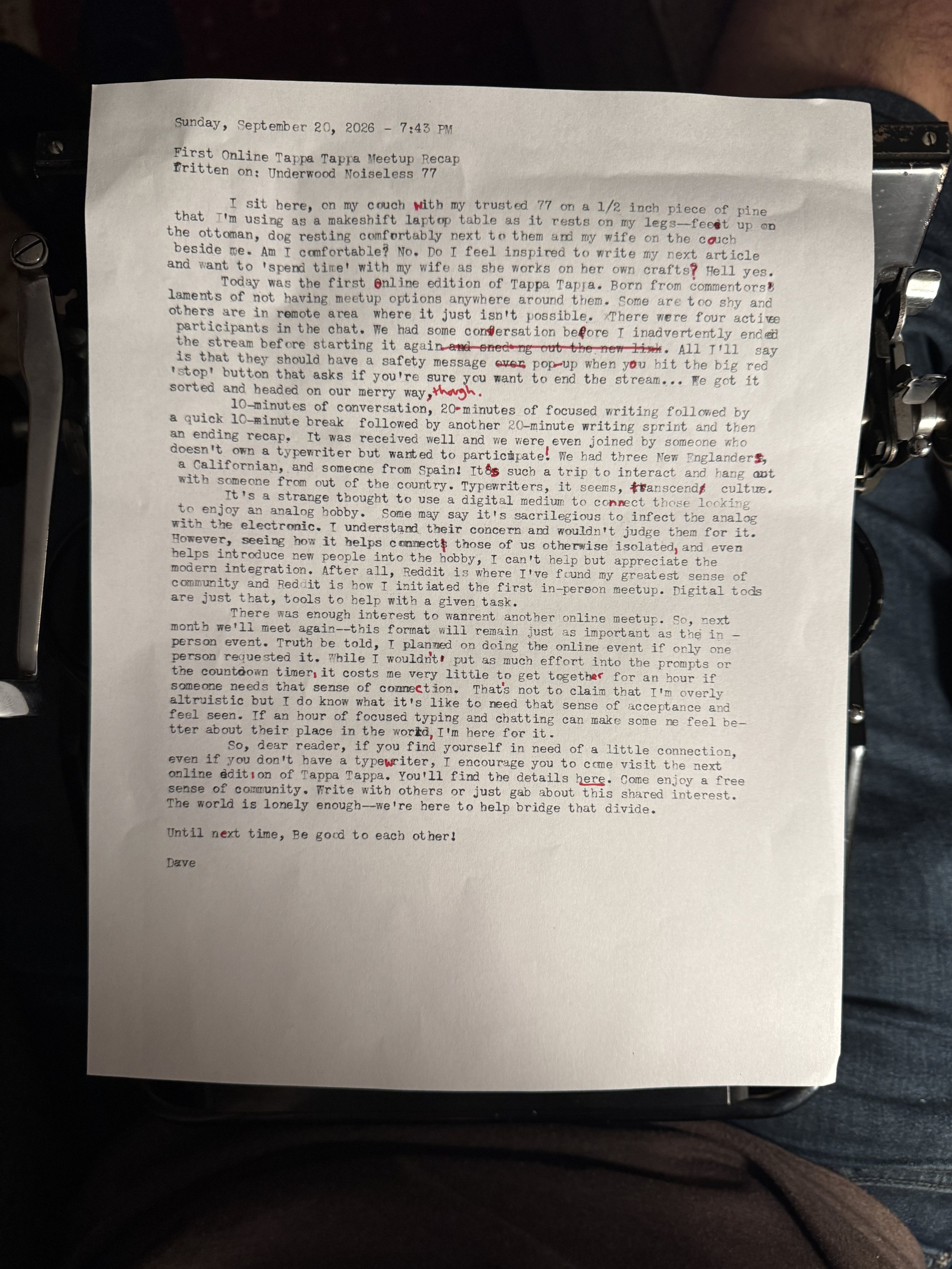 A typed page titled “First Online Tappa Tappa Meetup Recap” resting on an Underwood Noiseless 77 typewriter. The page contains a reflective write-up about the first online meetup, with several handwritten corrections in red ink.