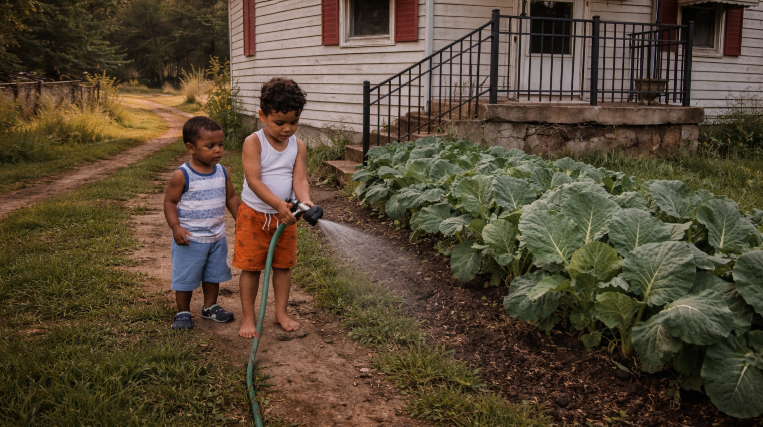 Two young boys watering plants in a backyard garden with large leafy greens, in front of a white house with red shutters.