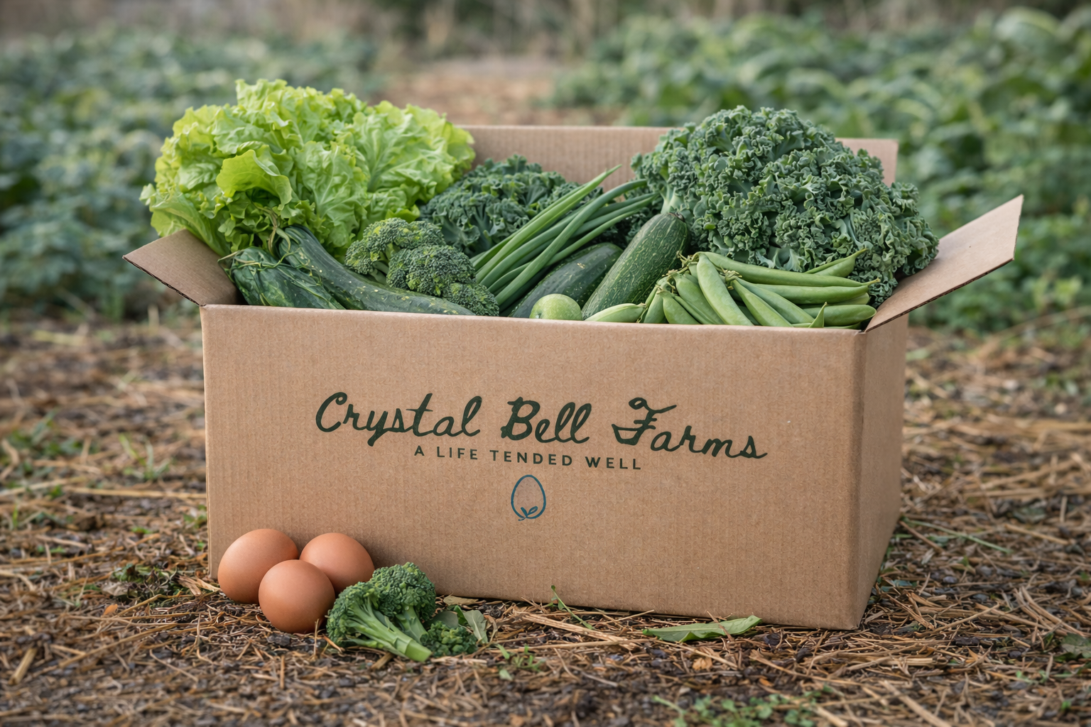 A cardboard box labeled 'Crystal Bell Farms' filled with fresh green vegetables and a few eggs placed outside in a farm setting.