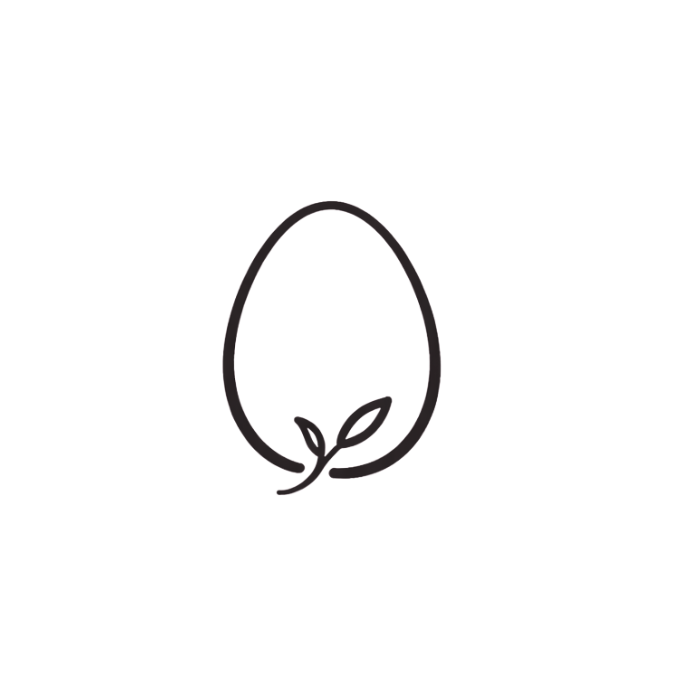 A minimalist black and white line drawing of a sprouting seed with a small leaf at the bottom.