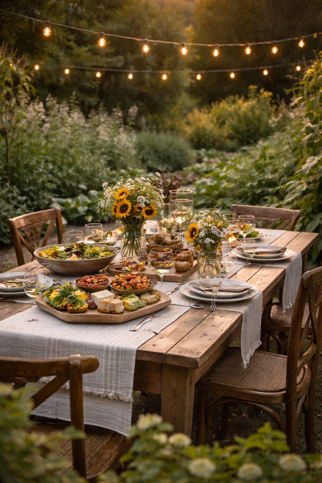 Outdoor dining table set in a garden with string lights overhead, decorated with bouquets of sunflowers and white flowers, featuring various dishes like salad, bread, and snacks, with plates, glasses, and utensils arranged for a meal.
