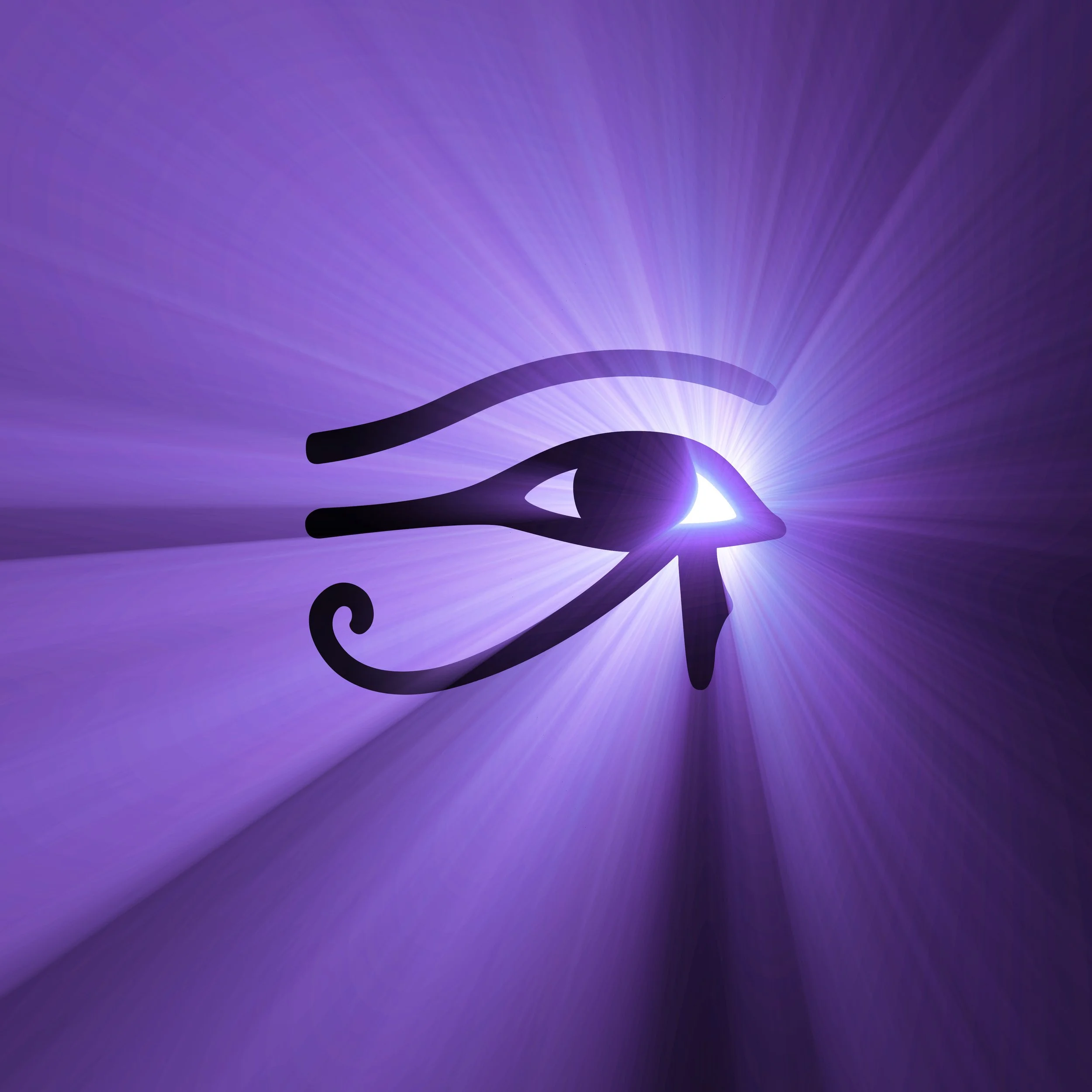 A silhouette of the Eye of Horus symbol over a glowing purple light with rays emanating outward.
