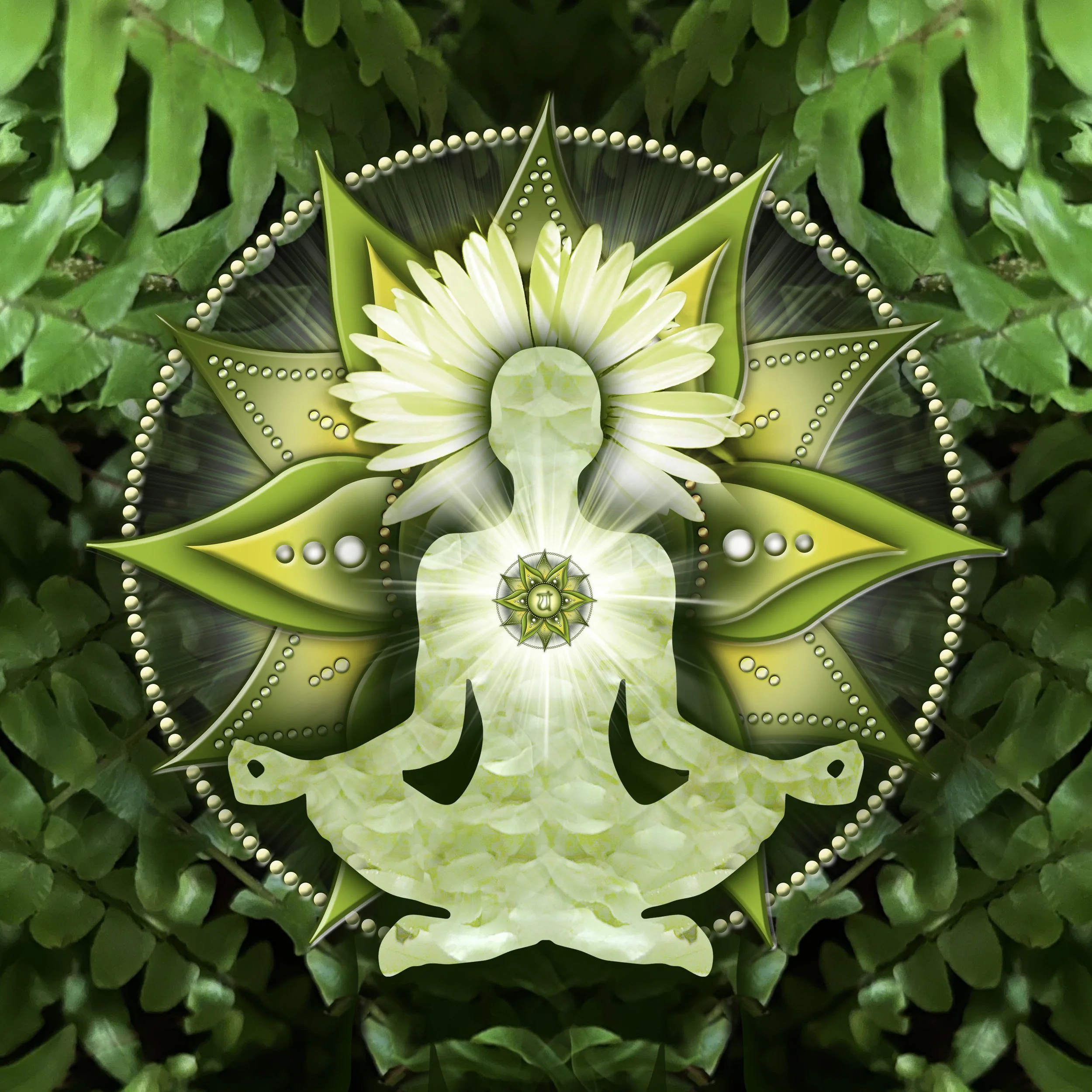 A stylized, spiritual digital illustration features a person in a seated meditative pose with hands resting on knees against a background of lush green leaves. The figure appears to be glowing with light emanating from the chest area, which contains a small, green lotus flower with a symbol beneath it. Filled with green hues and intricate symmetrical patterns, the image conveys a sense of harmony and spiritual energy.