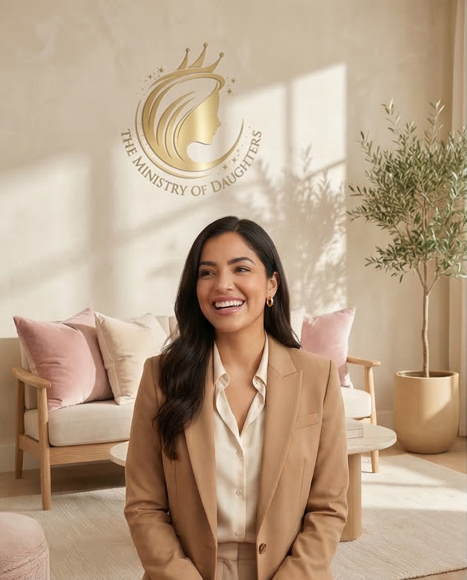 A woman smiling while sitting in a bright, modern office with a logo for The Ministry of Daughters on the wall behind her. The office has light-colored walls, a beige sofa with pink and beige pillows, and a potted plant.