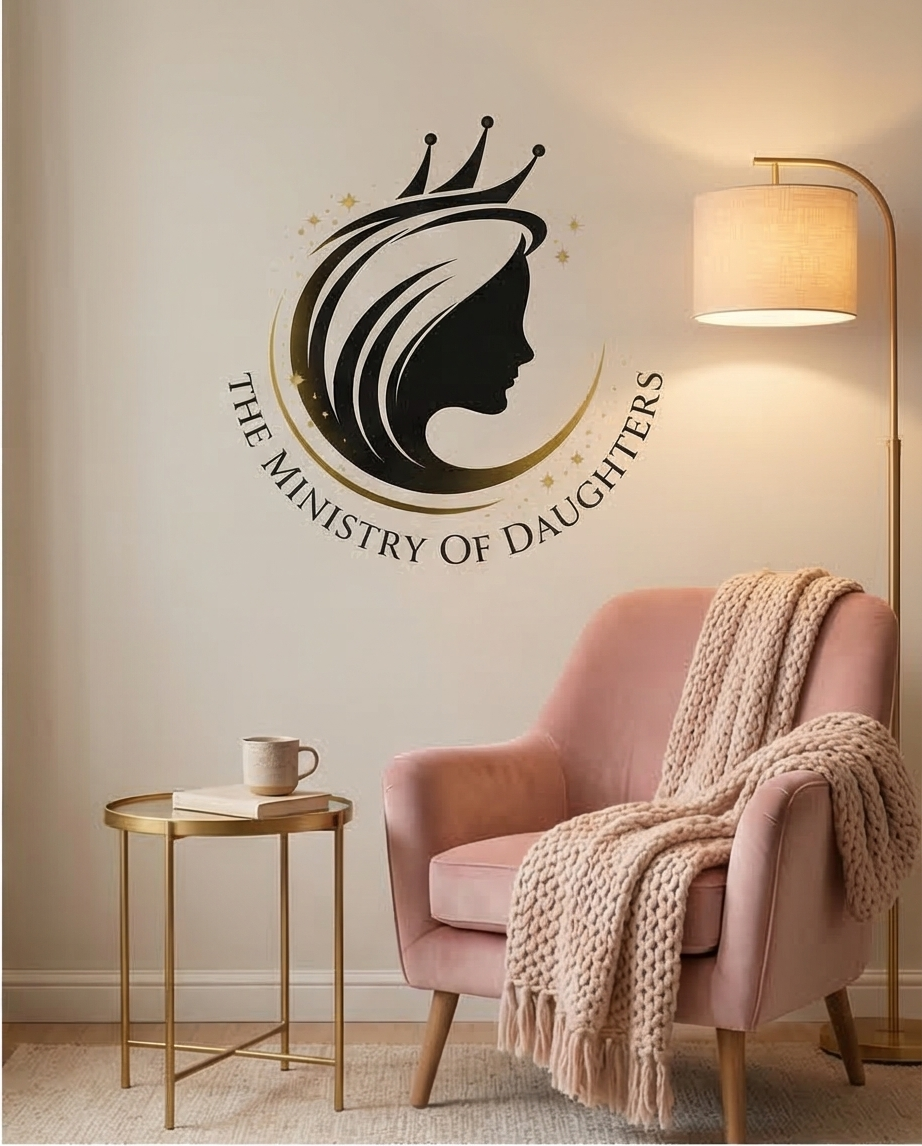 Interior room with a pink armchair draped with a chunky knit cream blanket, a small gold side table with a mug and books, a tall floor lamp, and a wall decal of a woman's profile wearing a crown with the text 'The Ministry of Daughters'.