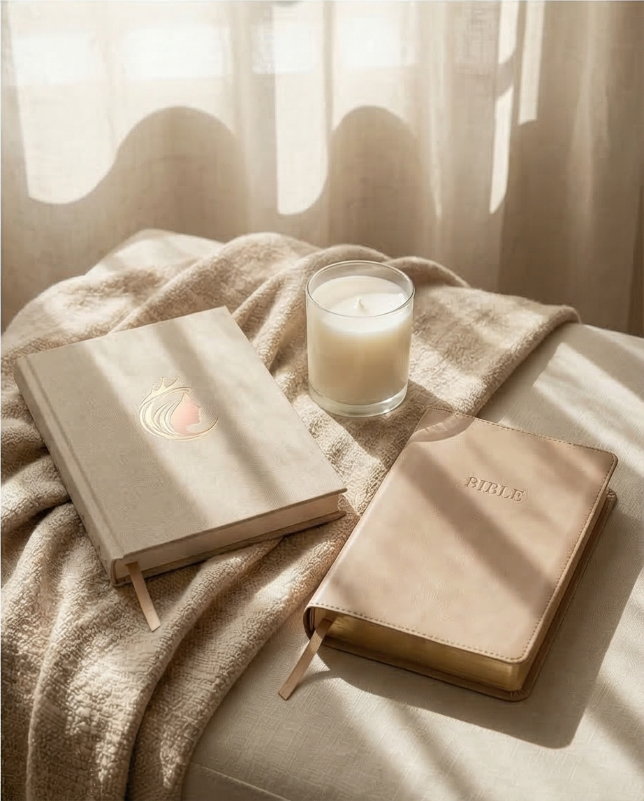 A cozy setup on a bed with a beige blanket, featuring a lit candle, a prayer book, and a Bible, illuminated by natural light coming through a sheer curtain.