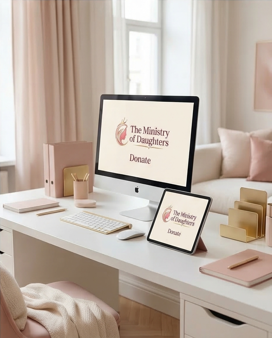 A workspace with a computer and tablet displaying 'The Ministry of Daughters' and 'Donate.' The desk has files, a keyboard, pen holder, notepad, and organized documents in a bright, softly decorated room.