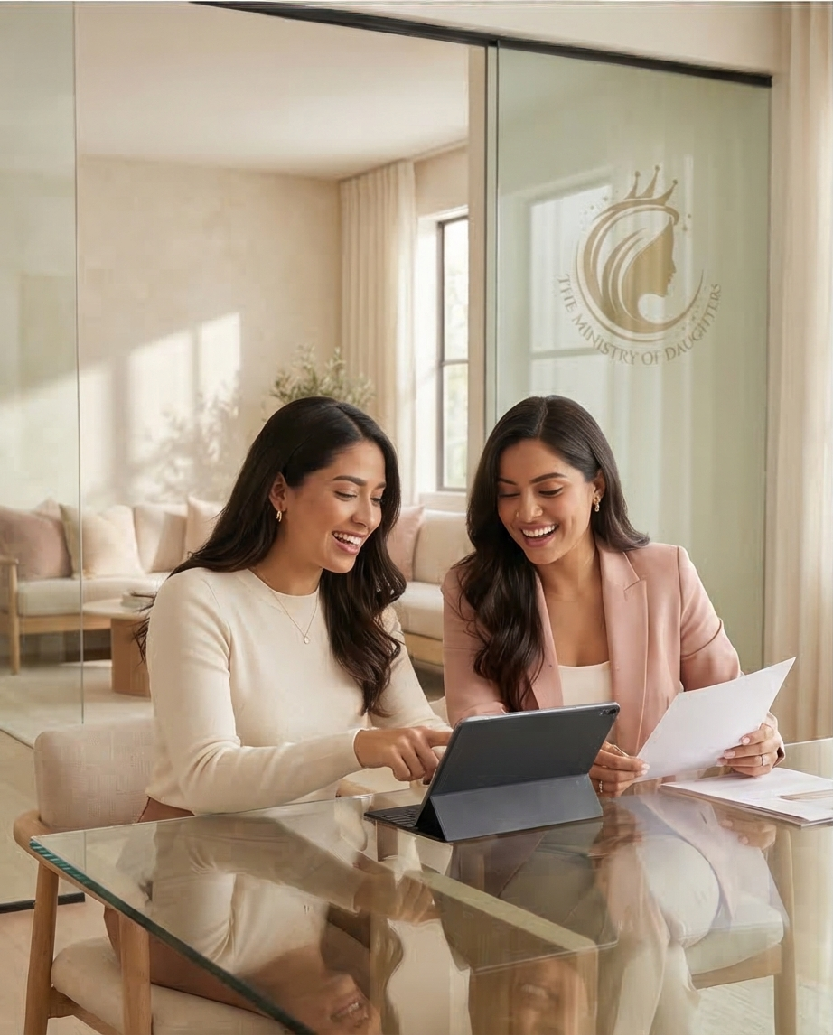 Two women sitting at a glass table, looking at a tablet and smiling, in a bright, modern room with large windows and beige curtains.