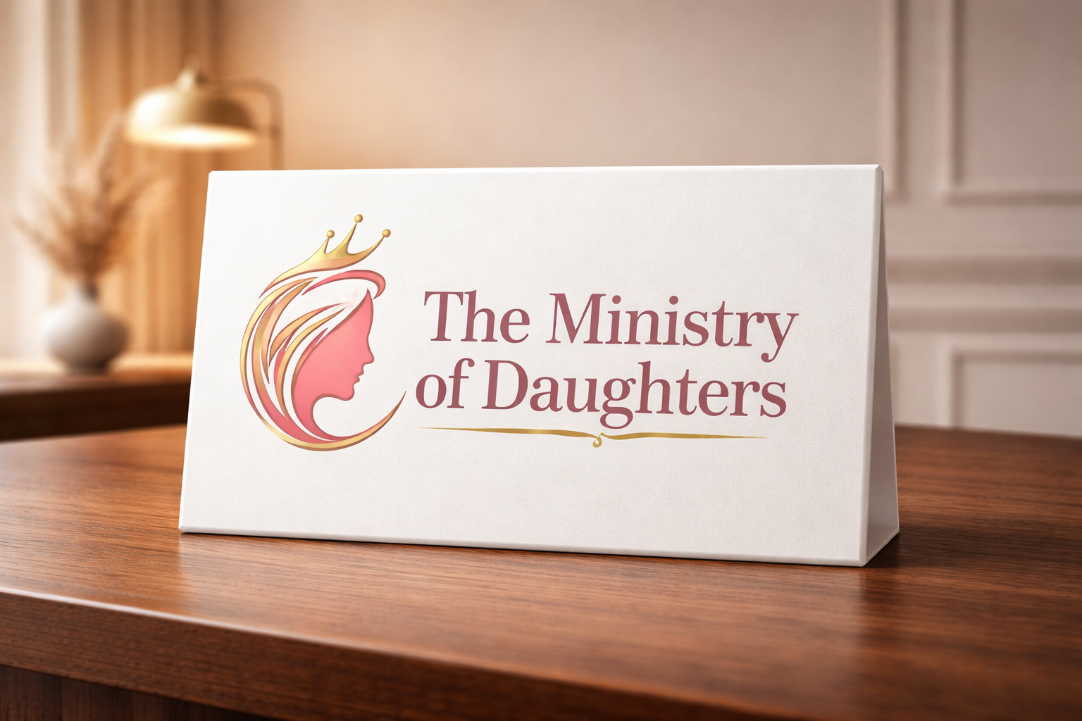 A white tent card on a wooden table displays a logo of a woman's profile with flowing hair and a crown, alongside the text "The Ministry of Daughters" in purple and gold accents.
