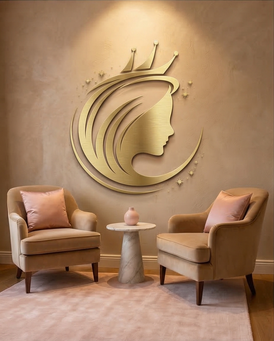 A cozy sitting area with two beige armchairs with pink pillows, a round marble table with a pink vase, and a gold wall art of a woman's profile with flowing hair and stars.