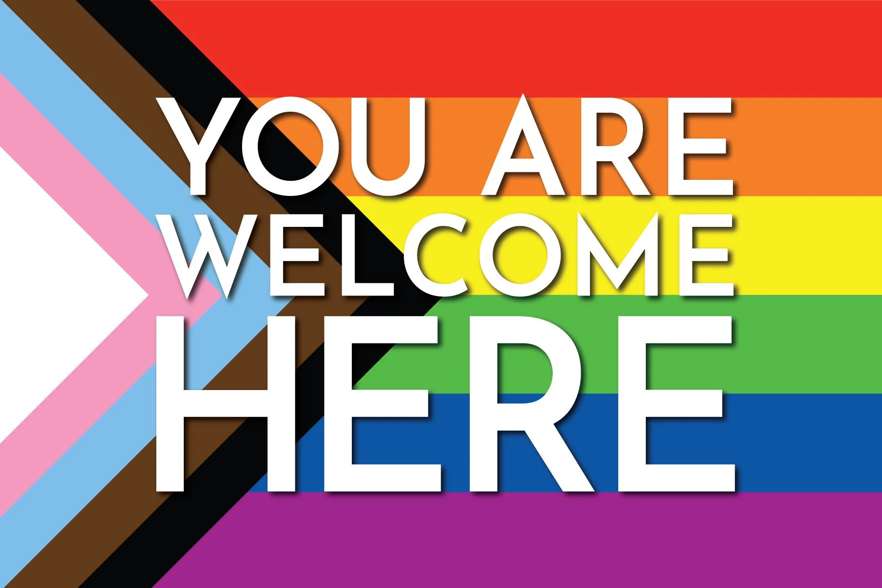 Rainbow flag with the words 'You are welcome here' written in large white letters.