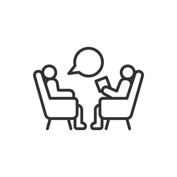 A cartoon demonstrating two people sitting in chairs having a therapy session, one taking notes, with a speech bubble between them.