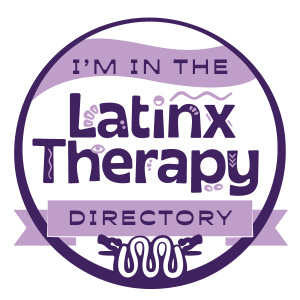 Circular logo with purple and white colors, featuring the text "I'm in the Latinx Therapy Directory" and a stylized illustration of a snake at the bottom
