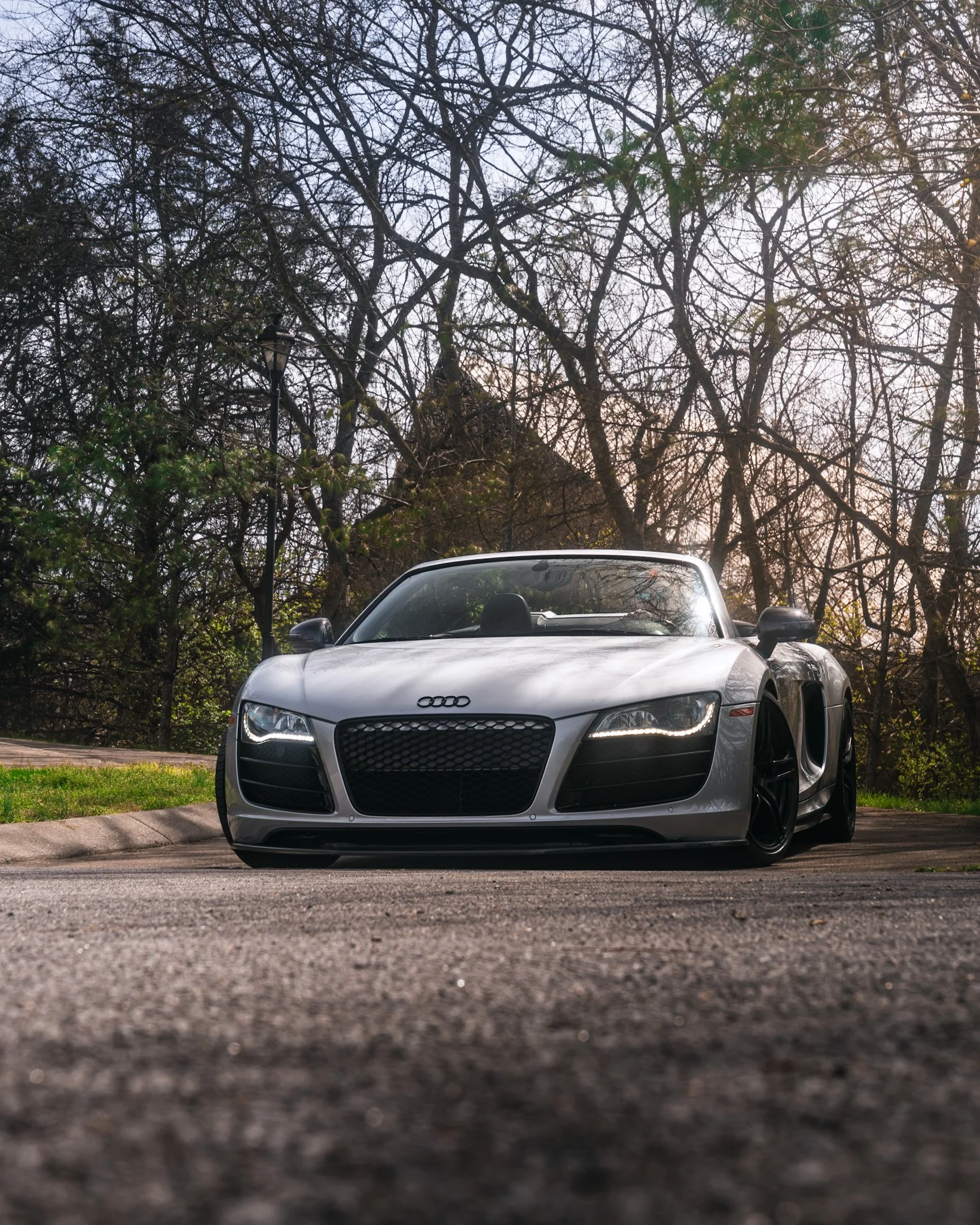 Silver Audi R8 sports car parked on a street with trees in the background and sunlight filtering through the branches.