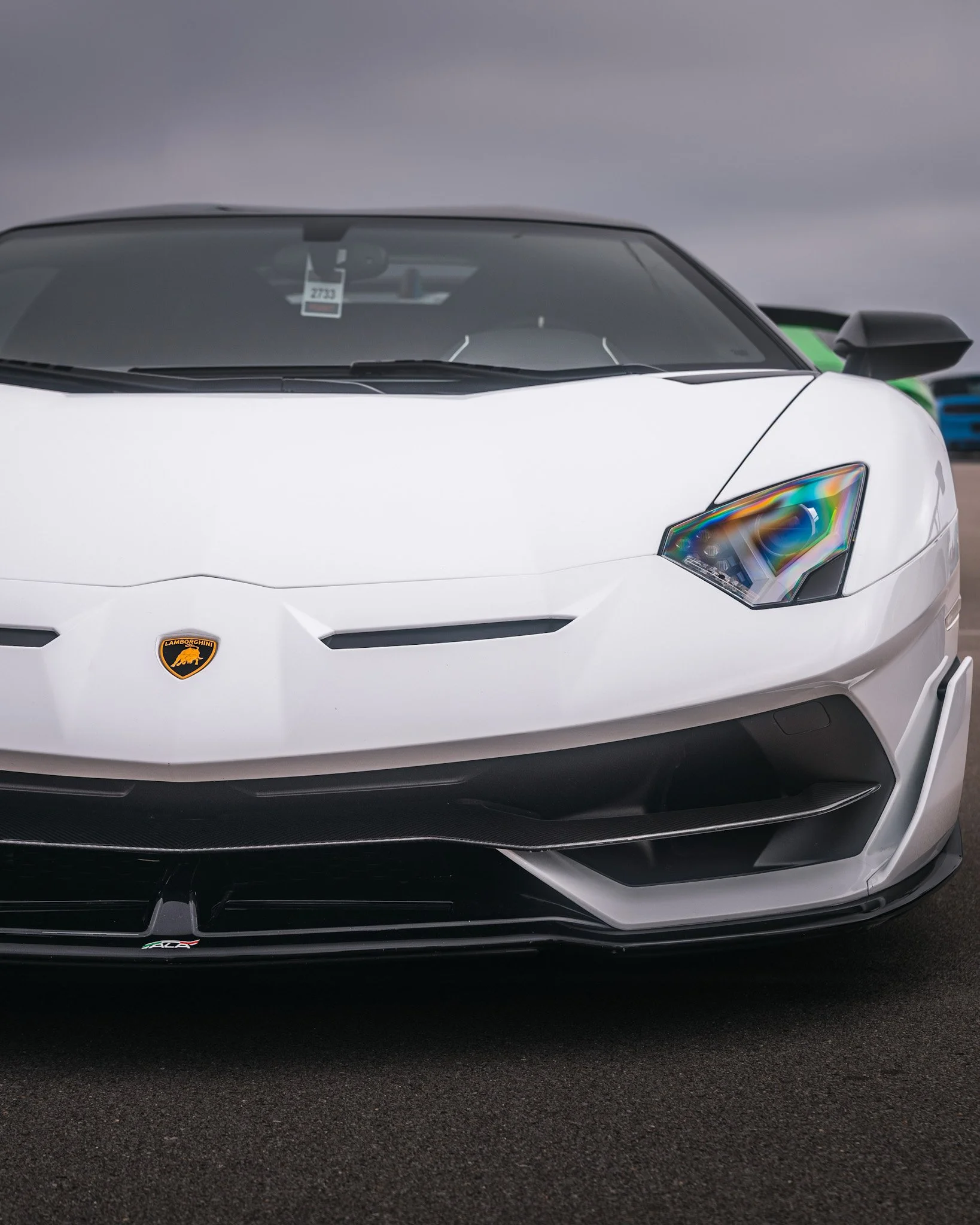 front driverside of white Lamborghini SVJ