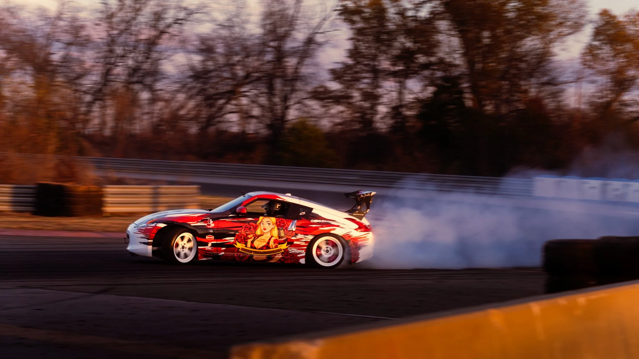 Cinematic shot of Lambo Landscaper in his 370z drifting at NCM Motorsports Park in Bowling Green Kentucky