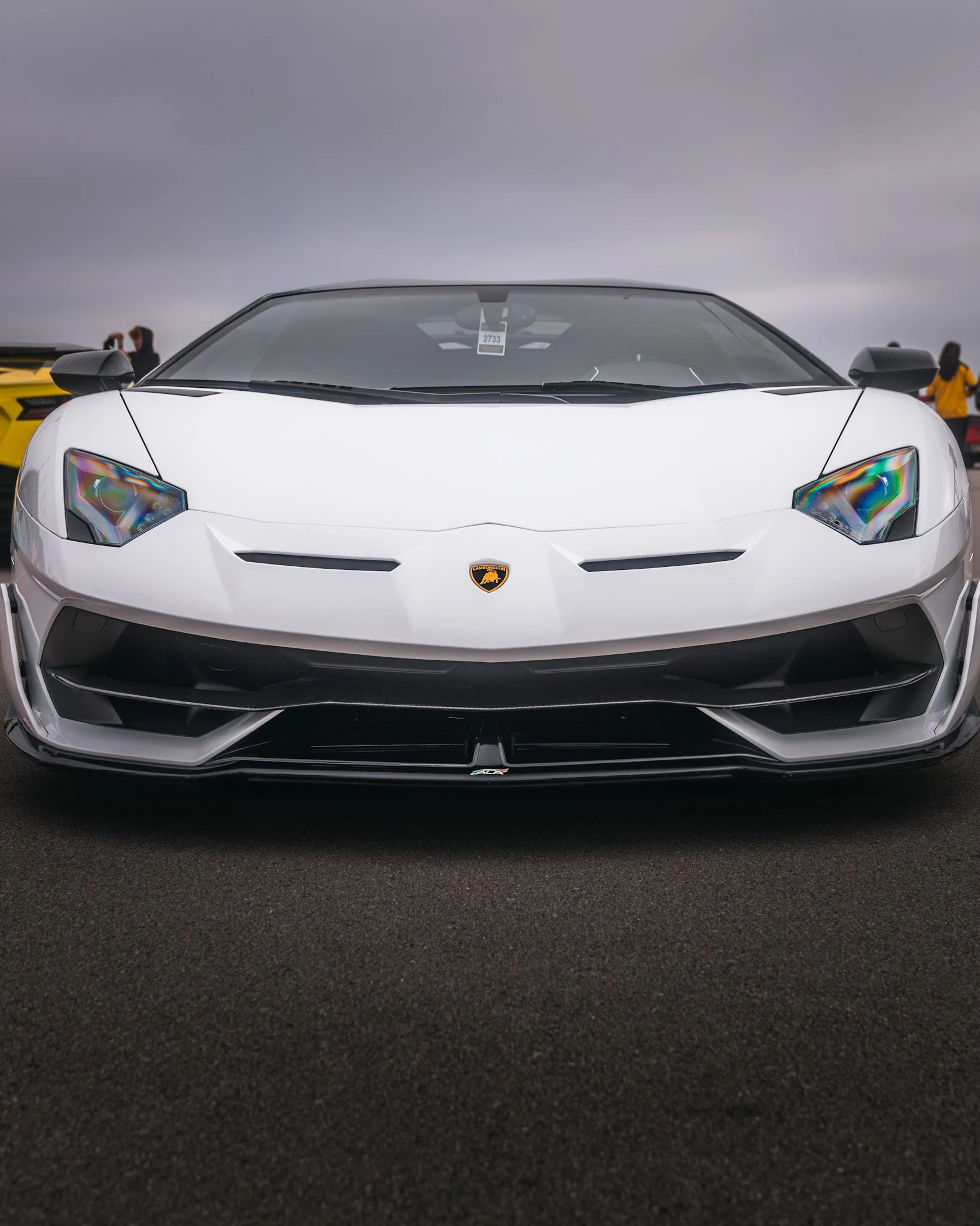 Front shot of white Lamborghini SVJ