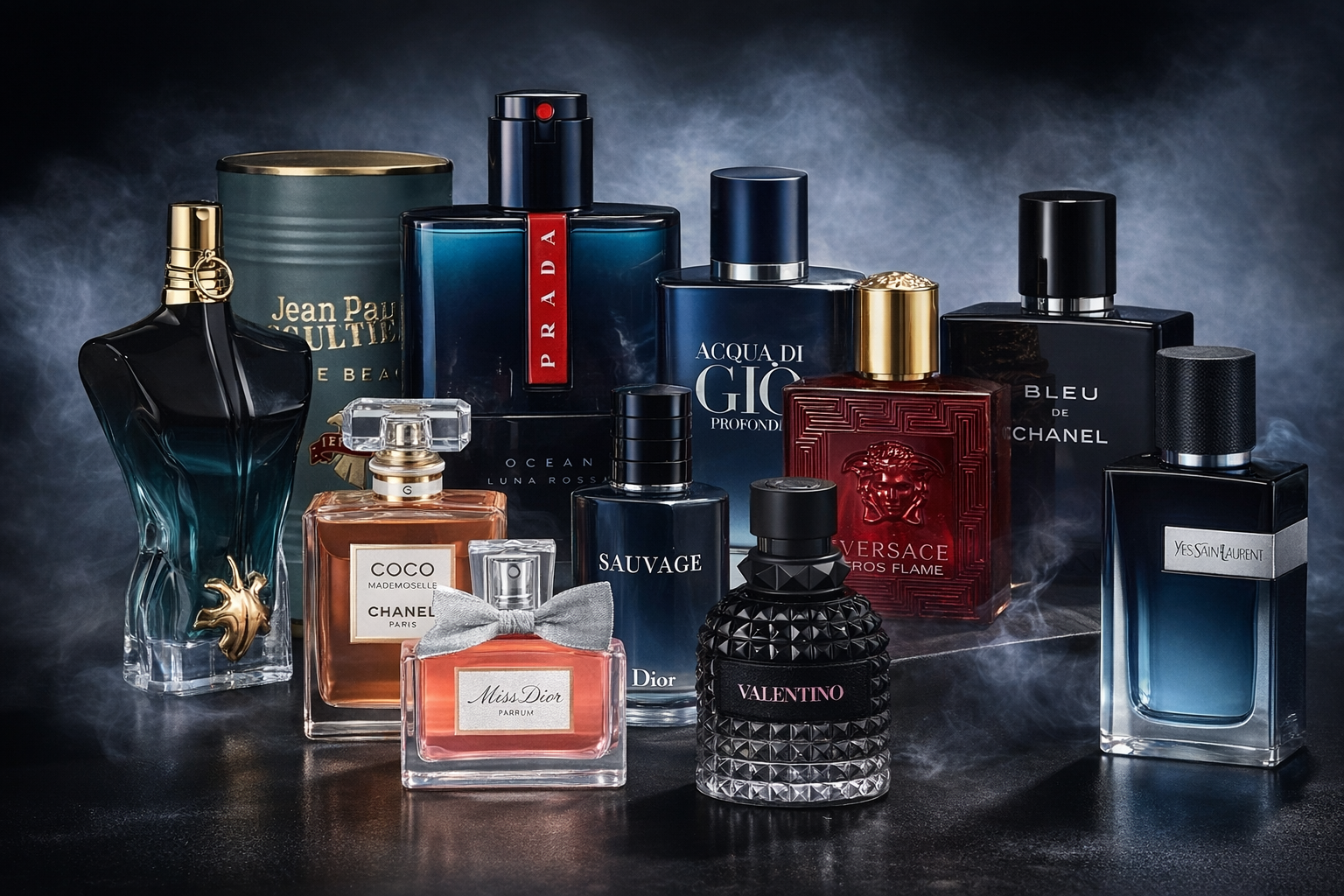 Variedad de frascos de perfumes de diferentes marcas y diseños en un fondo oscuro con neblina.