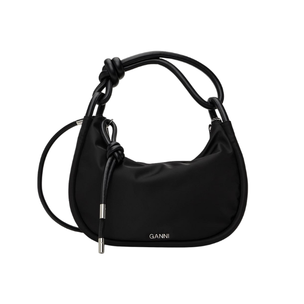 Ganni Black Fabric Knot-Handle Mini Hobo
