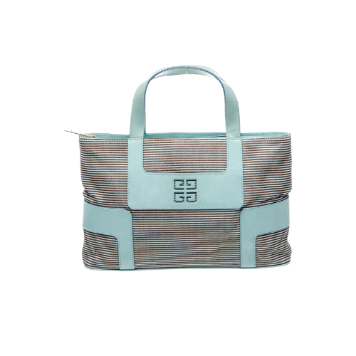 Vintage Givenchy Striped Canvas Tote with Aqua Leather Trim