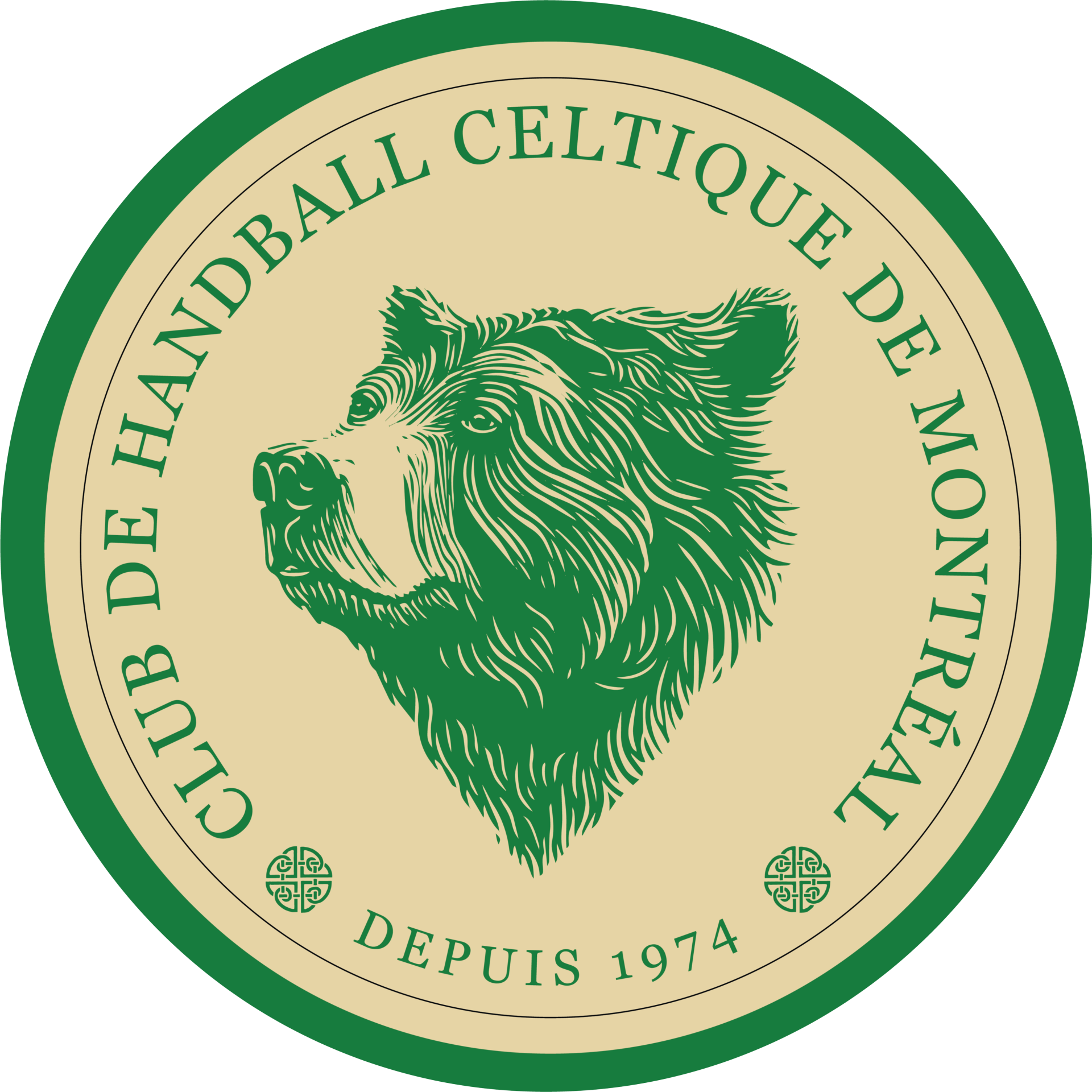 A circular emblem with a green border, beige background, featuring a detailed illustration of a bear's head in the center. The text around the bear reads "Club de Handball Celtique de Montreuil" and "Depuis 1974." Two small decorative symbols are at the bottom of the circle.