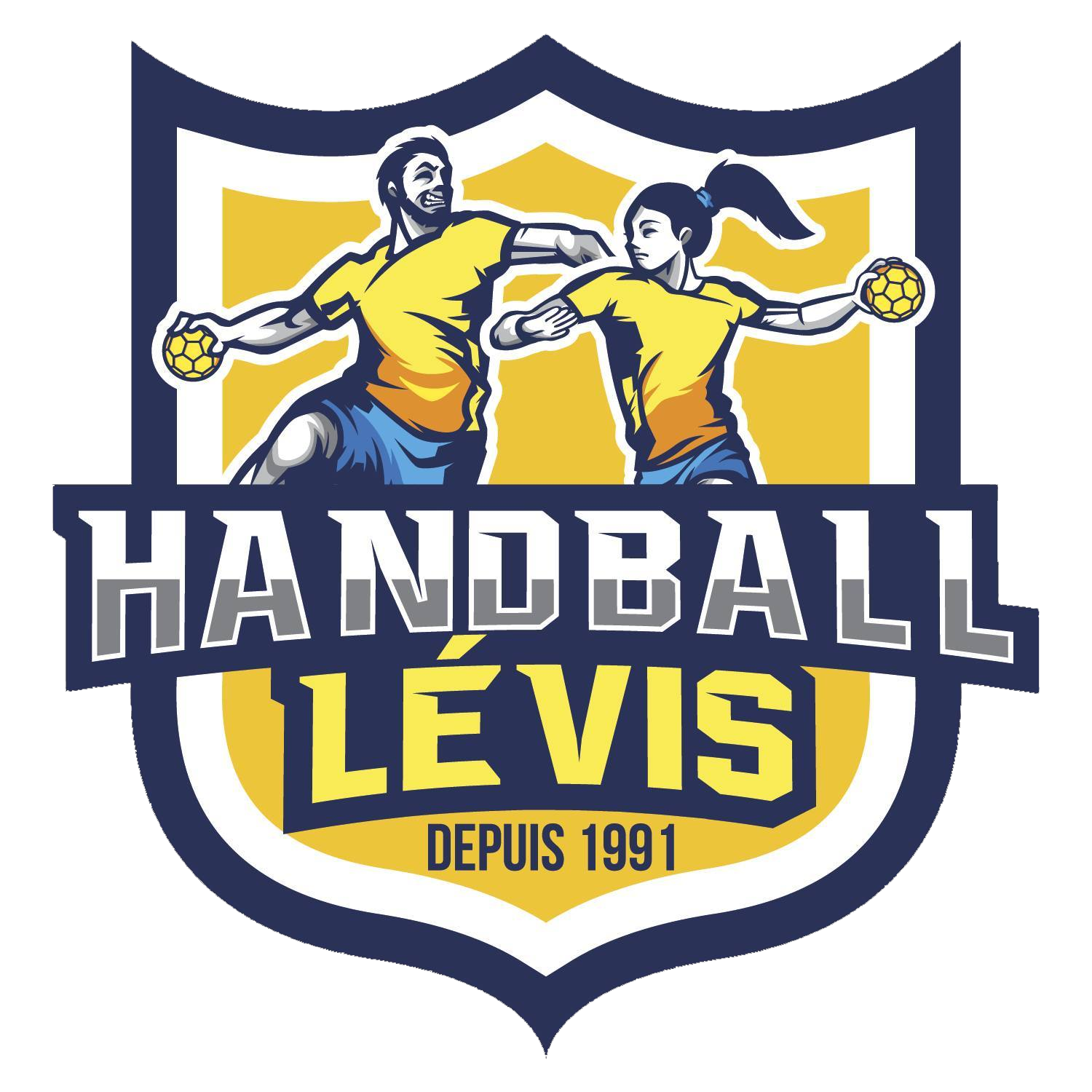 Logo for Handball Lé vis with two cartoon athletes in yellow shirts, one male and one female, holding handballs, engaged in a playful pose, with the text 'Handball Lé vis Depuis 1991'.