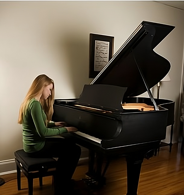 A woman with long blonde hair playing a grand piano in a living room.