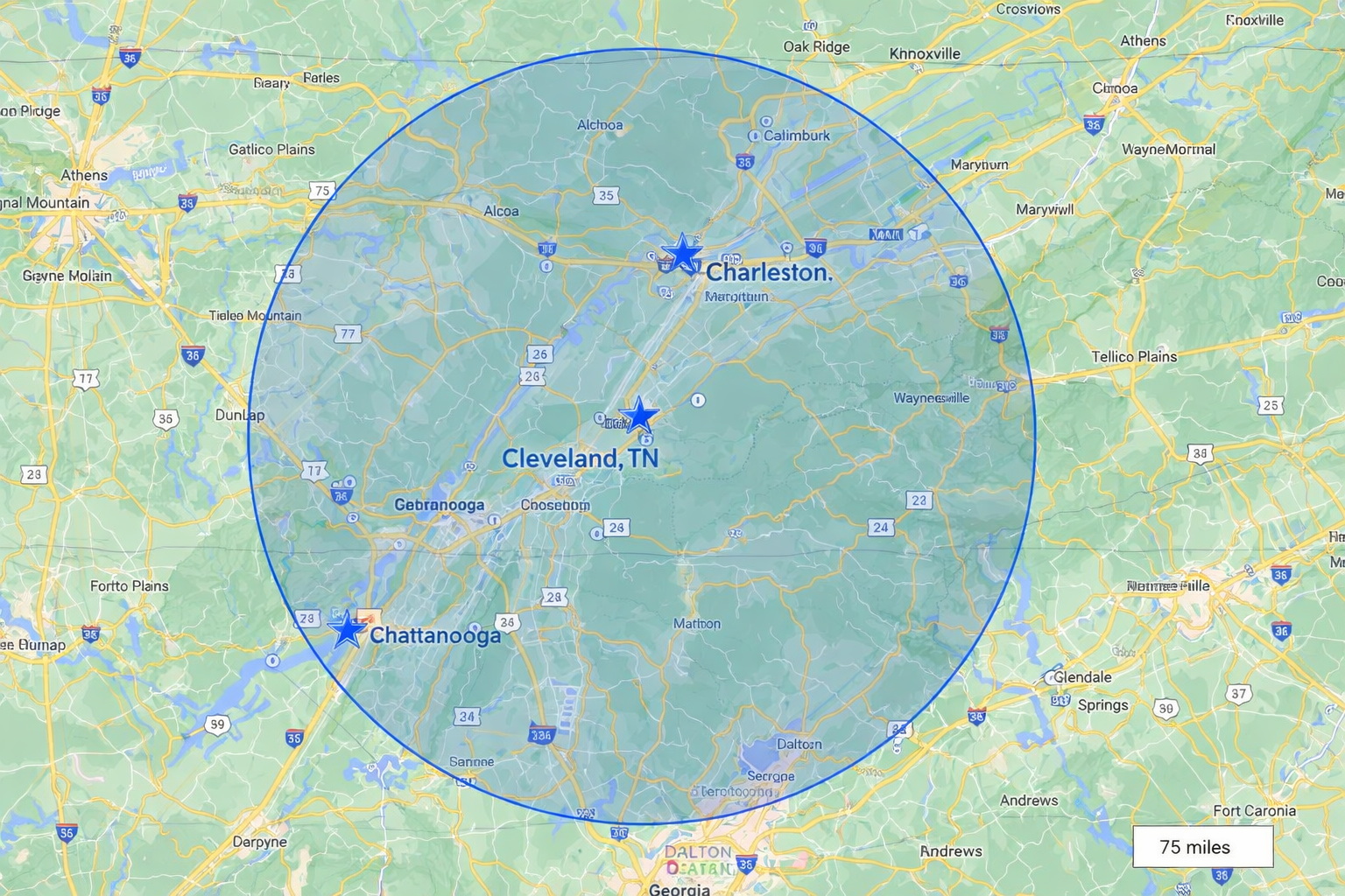 Map showing a 75-mile radius circle centered around Chattanooga, Tennessee, with nearby cities including Cleveland, Tennessee, and Charleston, Tennessee