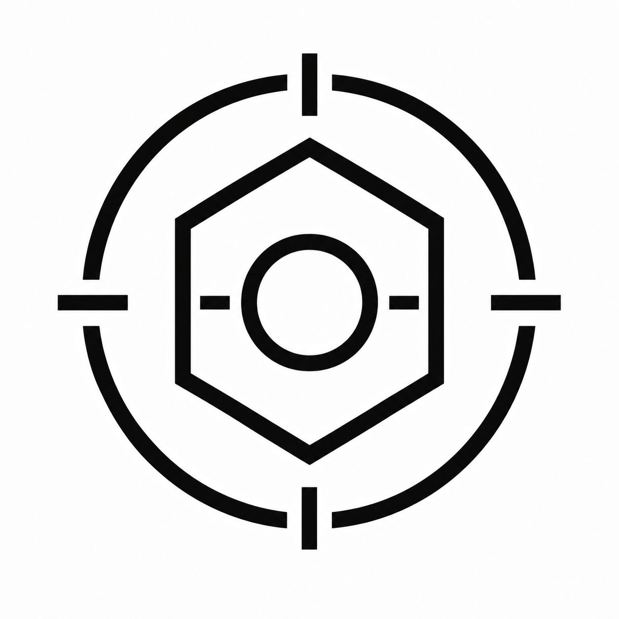 Black outline of a target with a hexagon, circle, and a house inside the center.