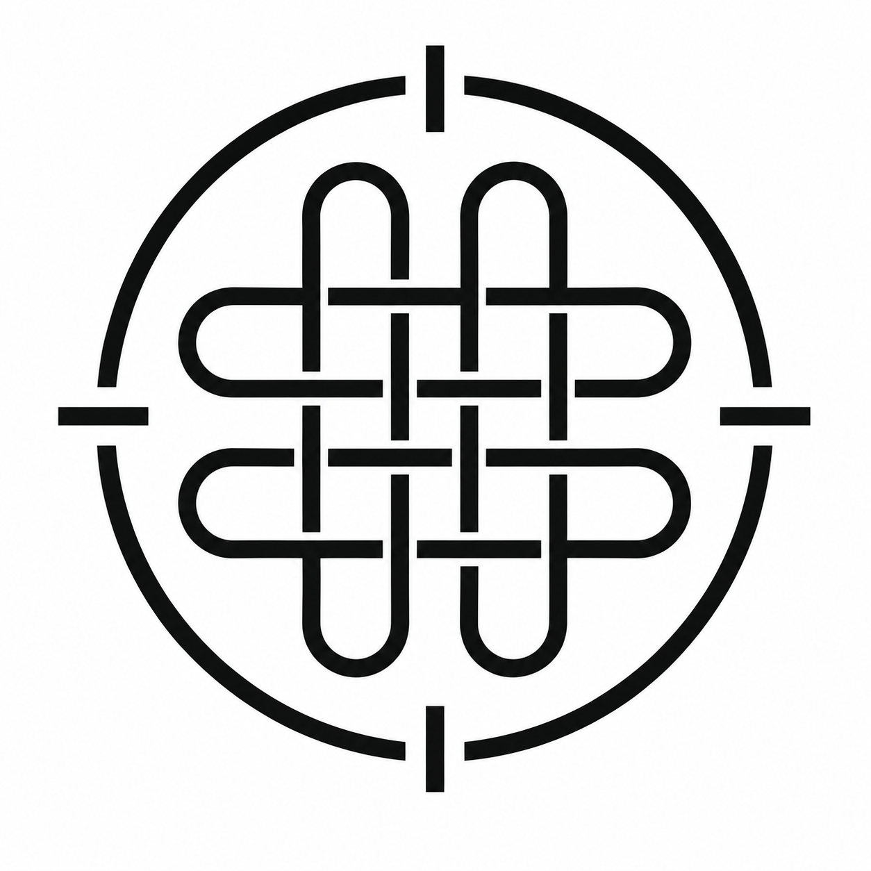 A black and white maze puzzle with a circular border, featuring an intricate interconnected path design.  This is the official glyph for loom networks andemsloom.com.