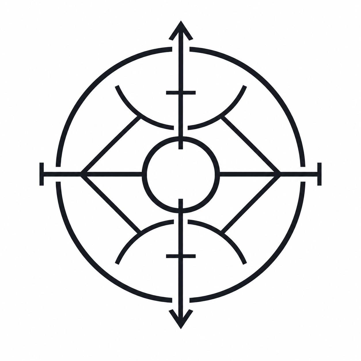 A geometric black line design featuring symmetrical shapes, arrows, and circles, resembling an abstract symbol or diagram.  This is the official glyph of ceroavaono.com