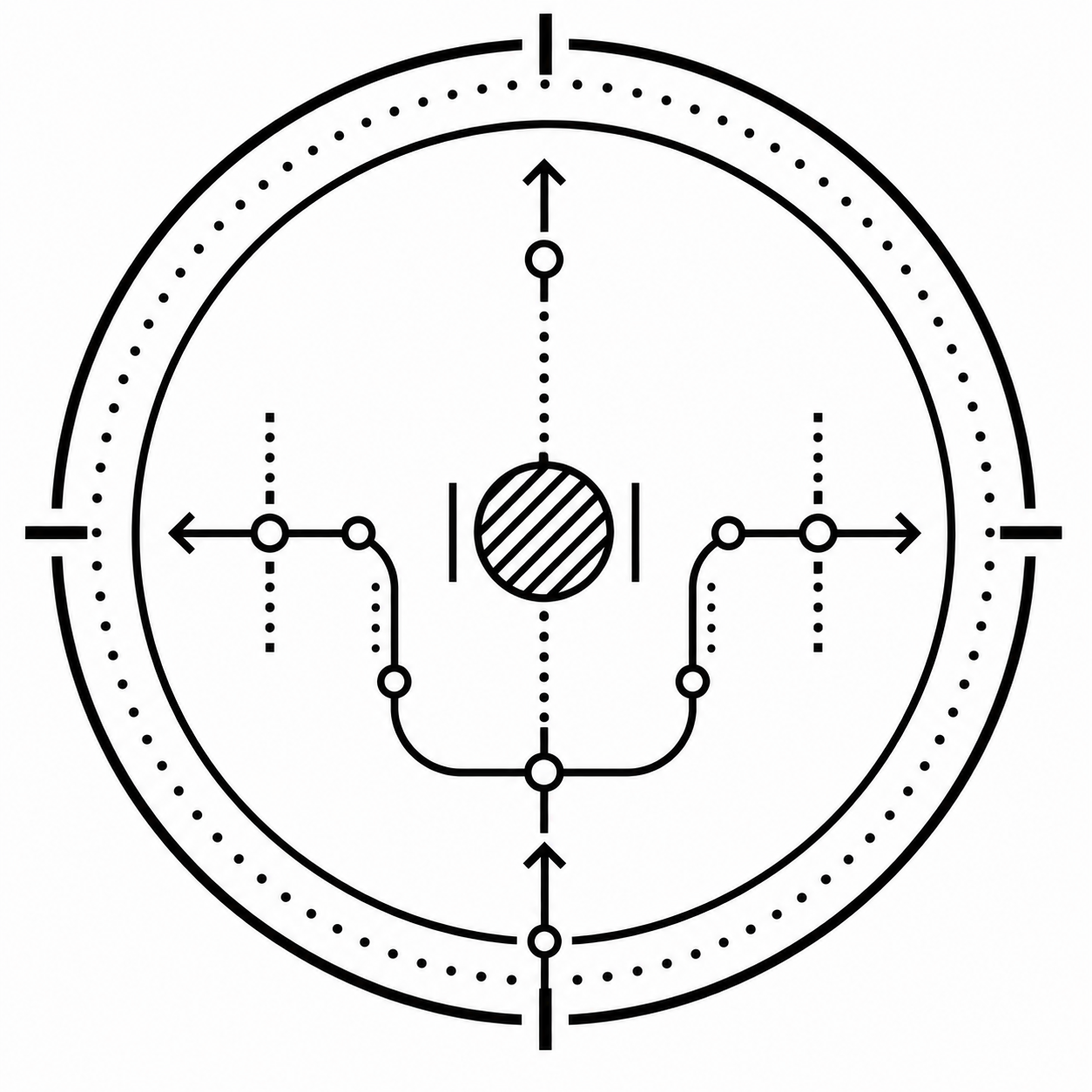 Diagram of a circular electronic circuit with connections and components, including a central shaded circle, various lines, and nodes.