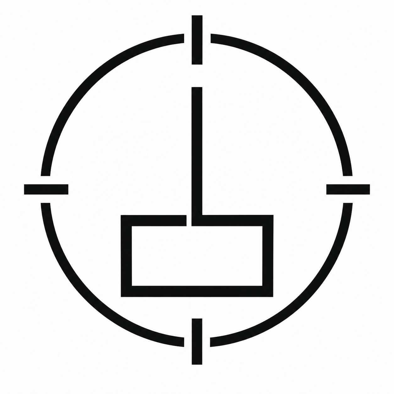 A black and white world icon with a rectangular base inside a dotted circle.  The official glyph for Emsbasis.com substrate layer of encoded material systems federation.